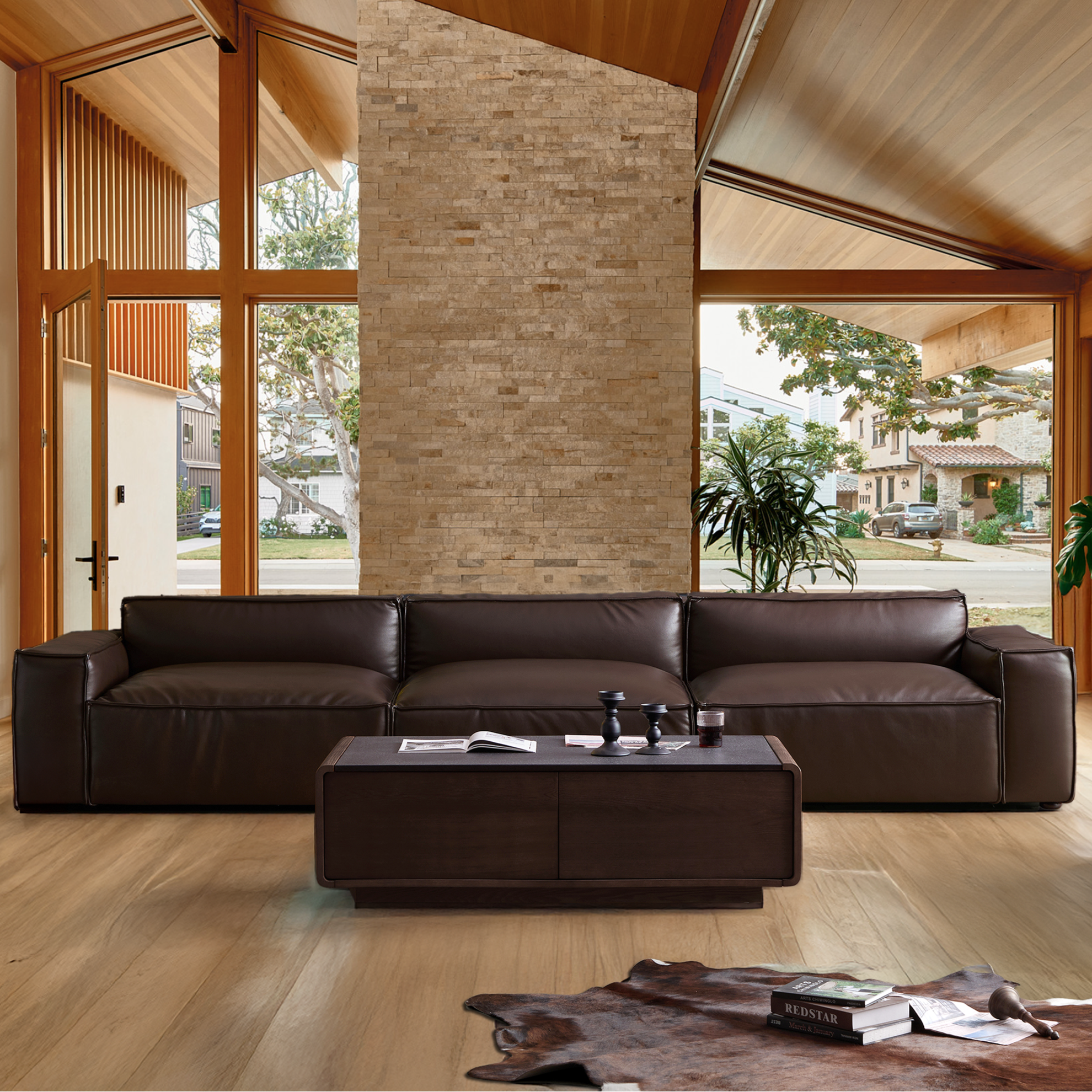 Canapé de luxe minimaliste en cuir marron foncé