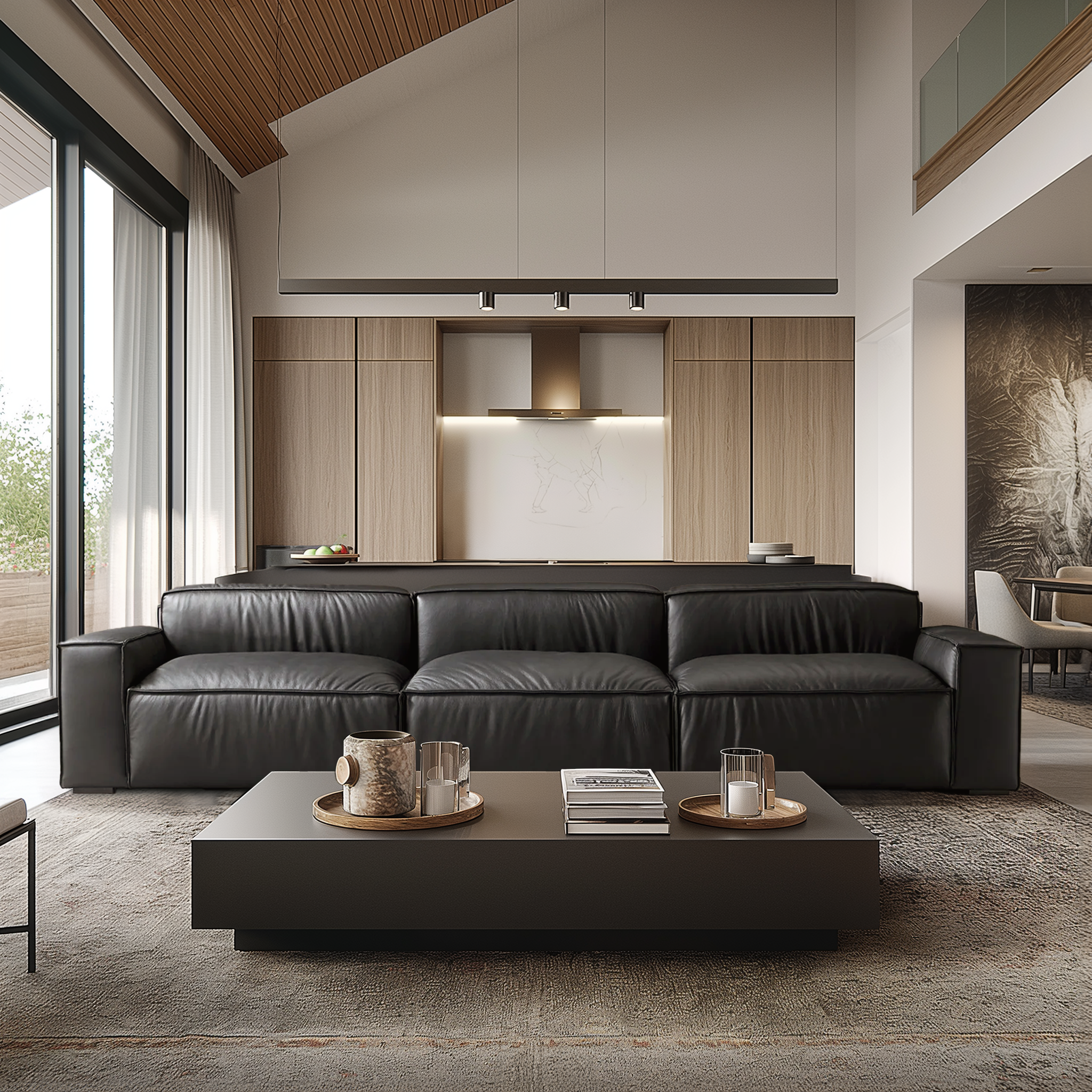 Canapé de luxe minimaliste en cuir marron foncé