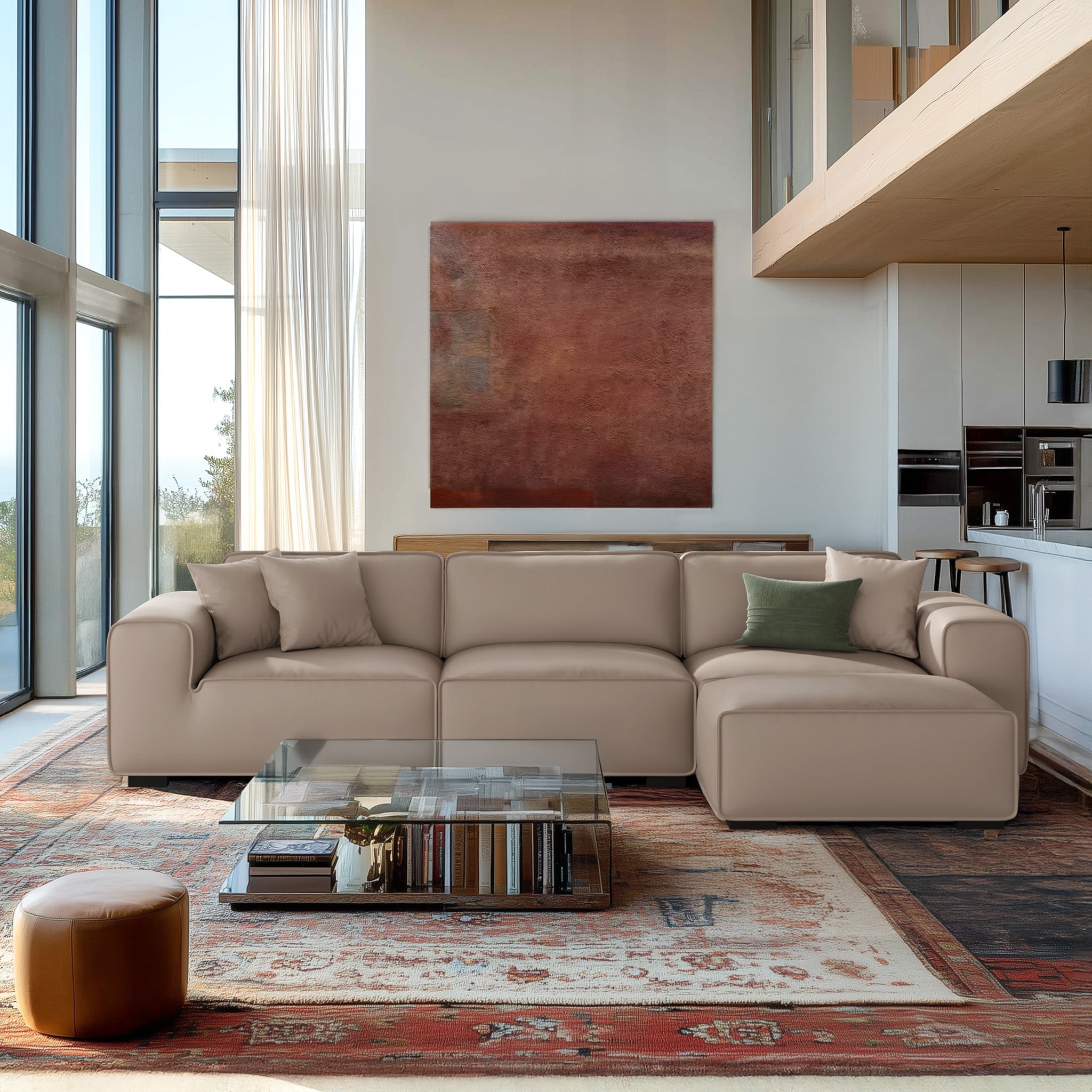 Canapé et pouf modulaires en cuir kaki Domus