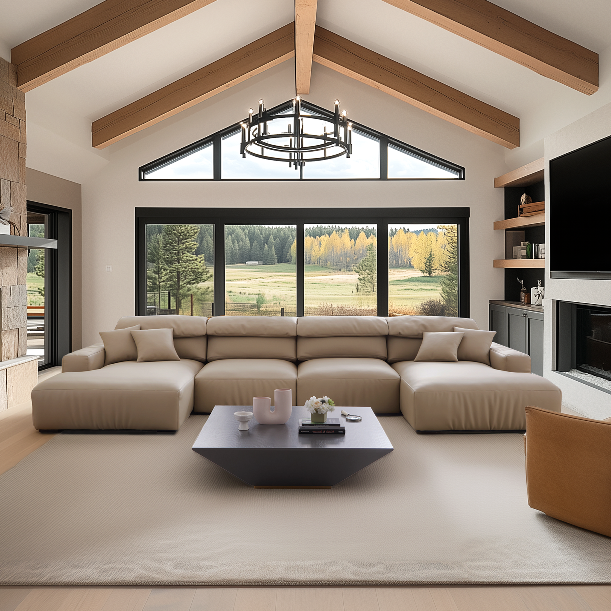 Canapé sectionnel double en cuir marron kaki