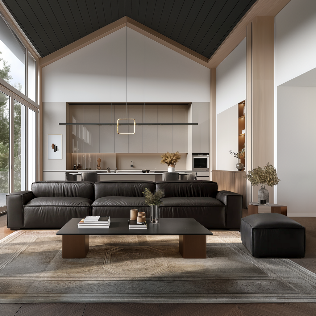 Canapé et pouf en cuir noir minimaliste de luxe