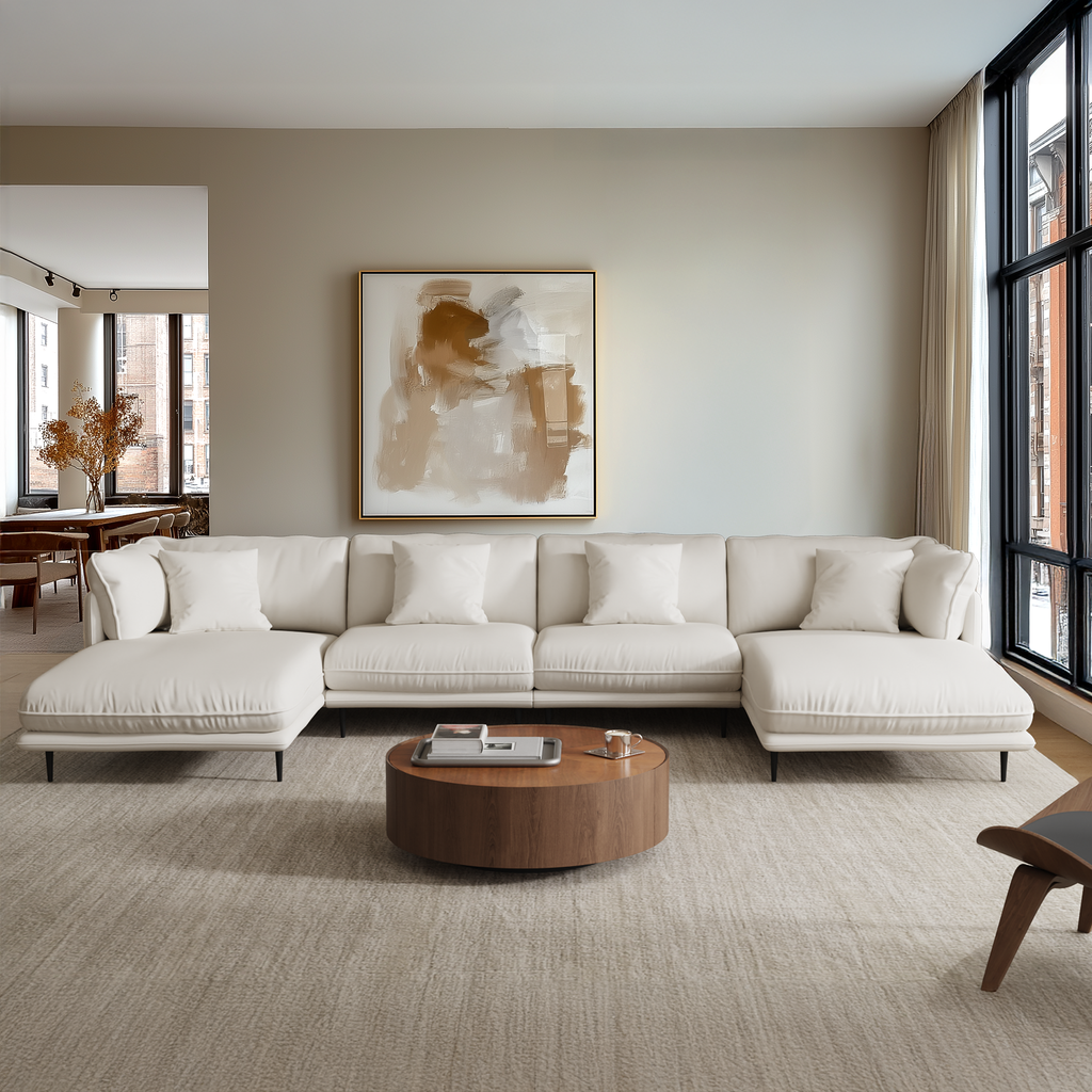 Canapé d'angle en U en cuir marron vanille