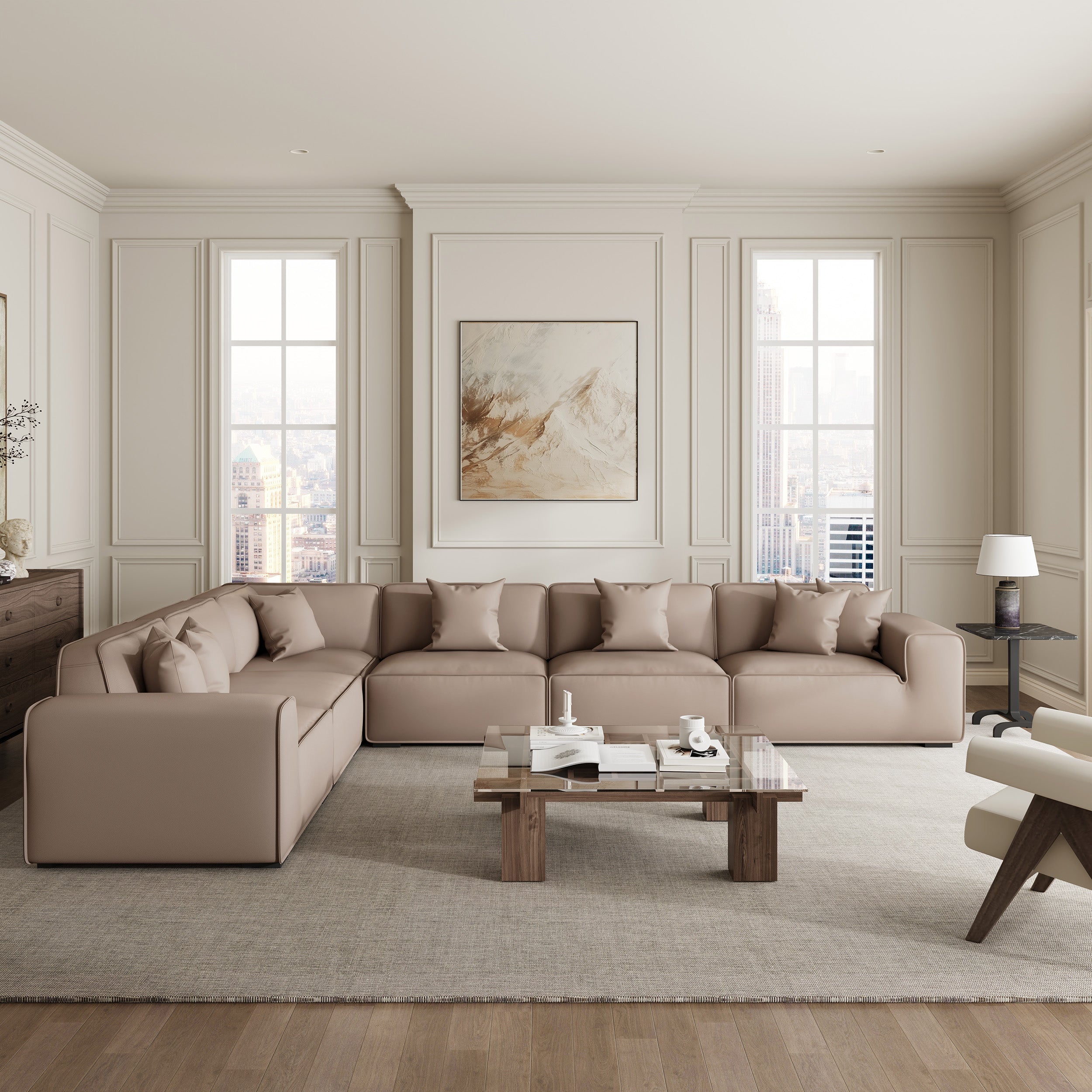 Canapé d'angle modulaire en cuir beige Domus