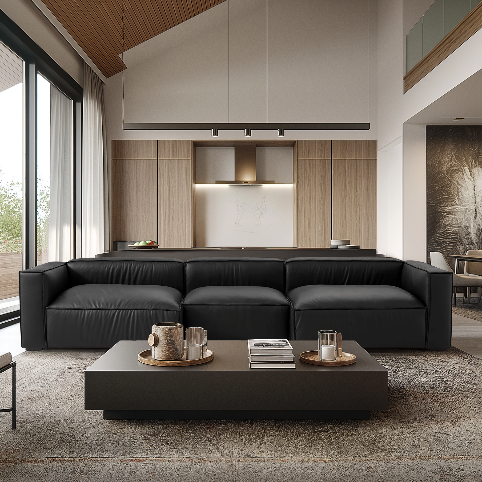 Canapé sectionnel en U de luxe en cuir noir minimaliste