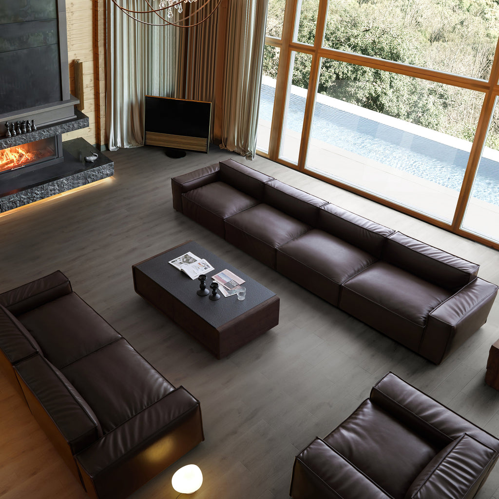 Canapé de luxe minimaliste en cuir marron foncé