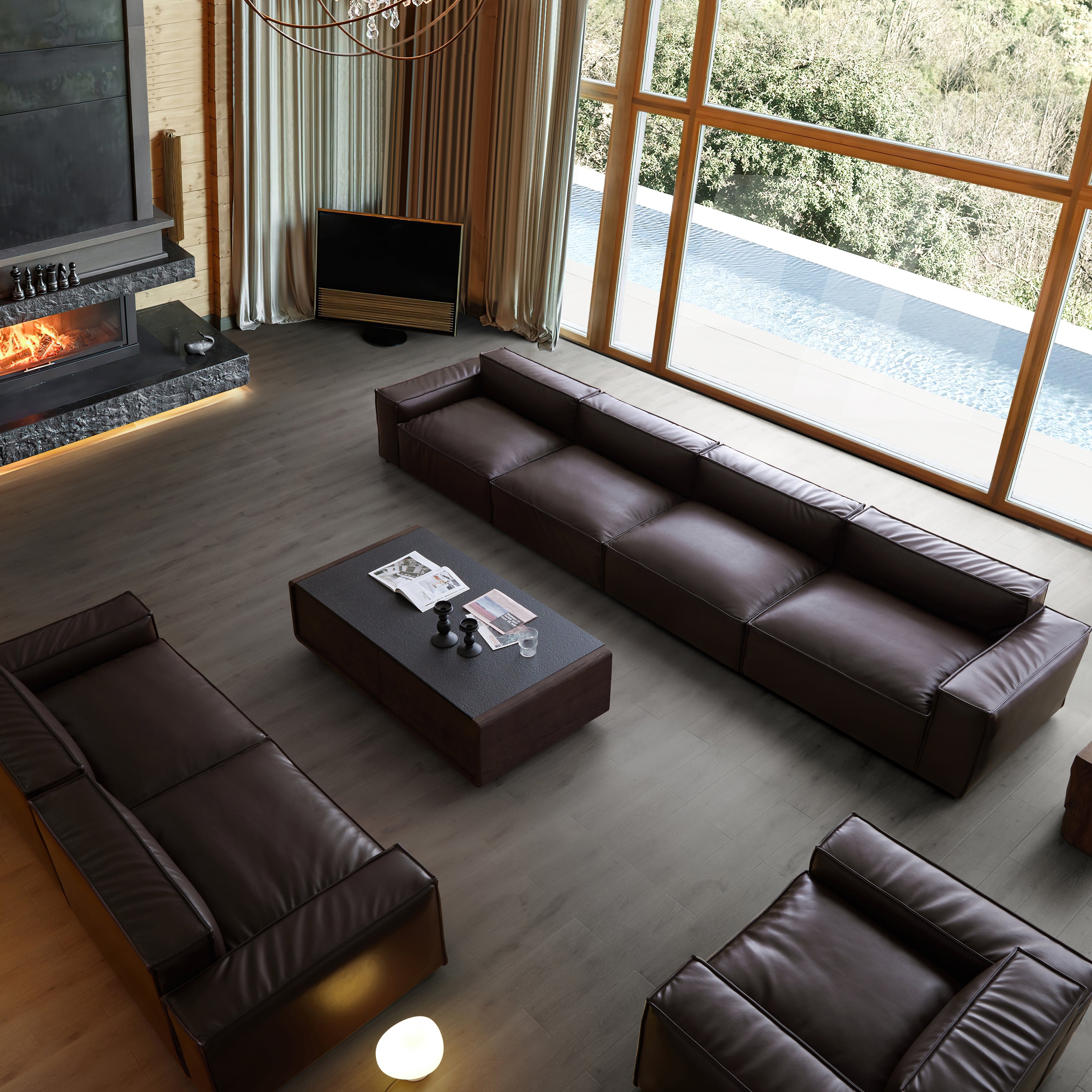 Canapé de luxe minimaliste en cuir marron foncé