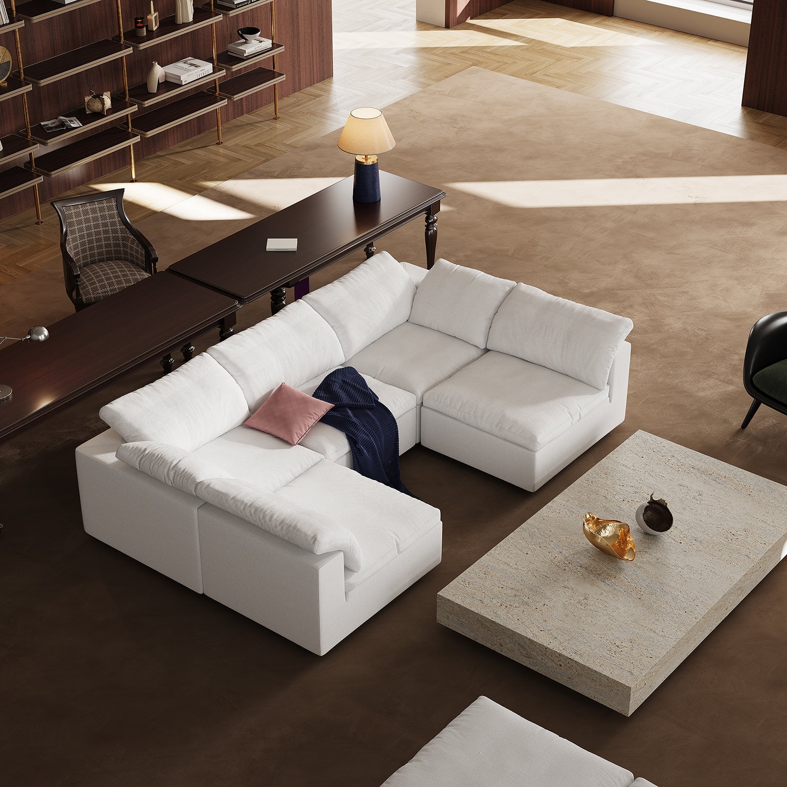 Canapé d'angle en U gris tendre Wabi-Sabi avec extrémités ouvertes