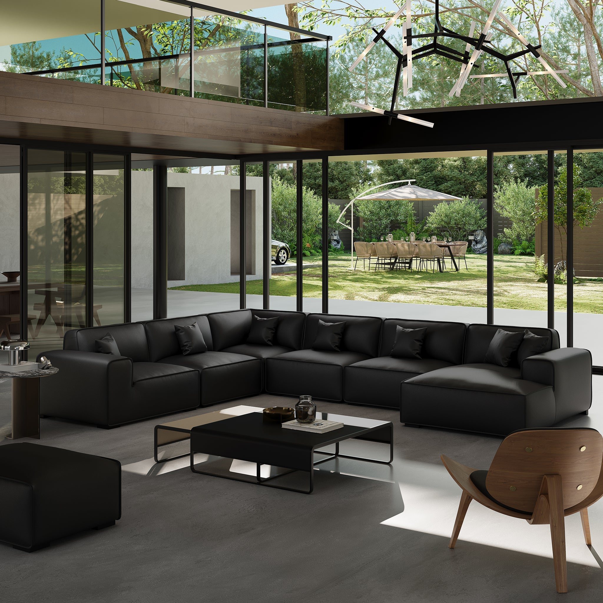 Canapé d'angle modulaire en cuir noir Domus en forme de U