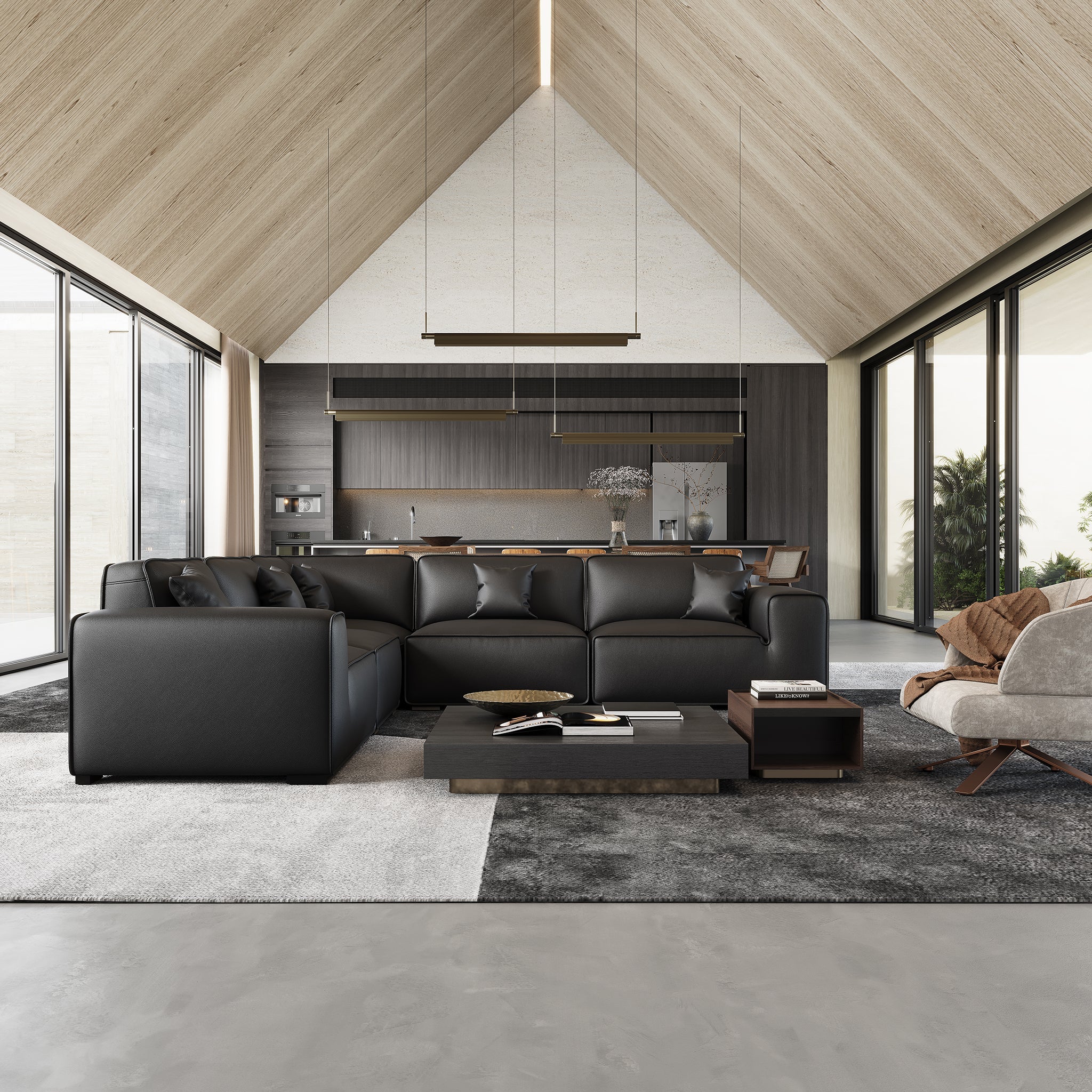 Canapé d'angle modulaire en cuir noir Domus