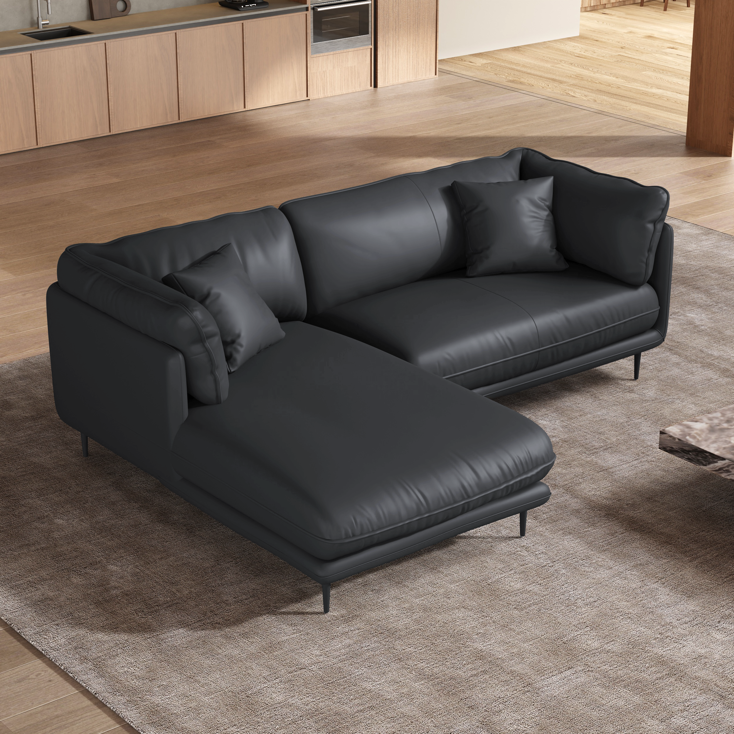 Canapé sectionnel en cuir noir vanille