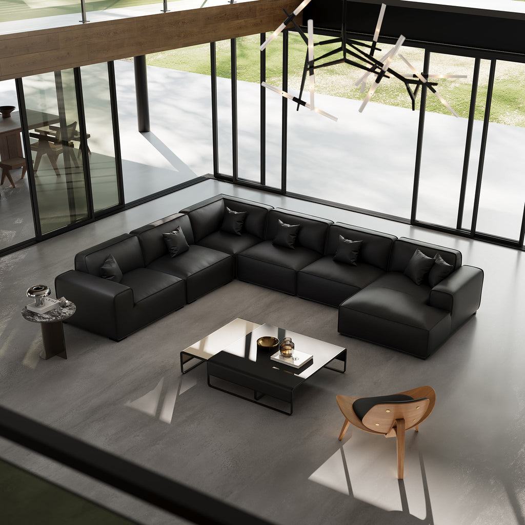 Canapé d'angle modulaire en cuir noir Domus en forme de U