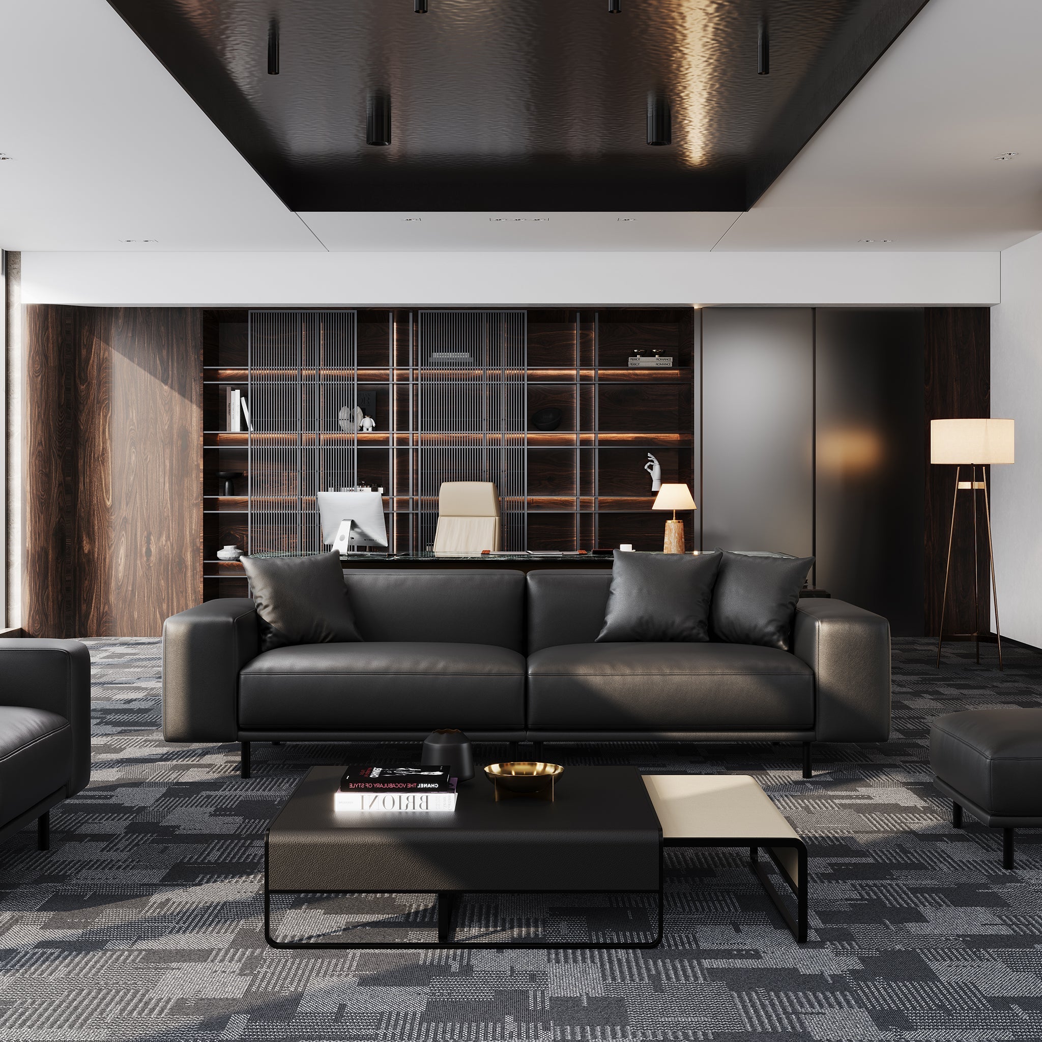 Canapé et pouf en cuir beige noble