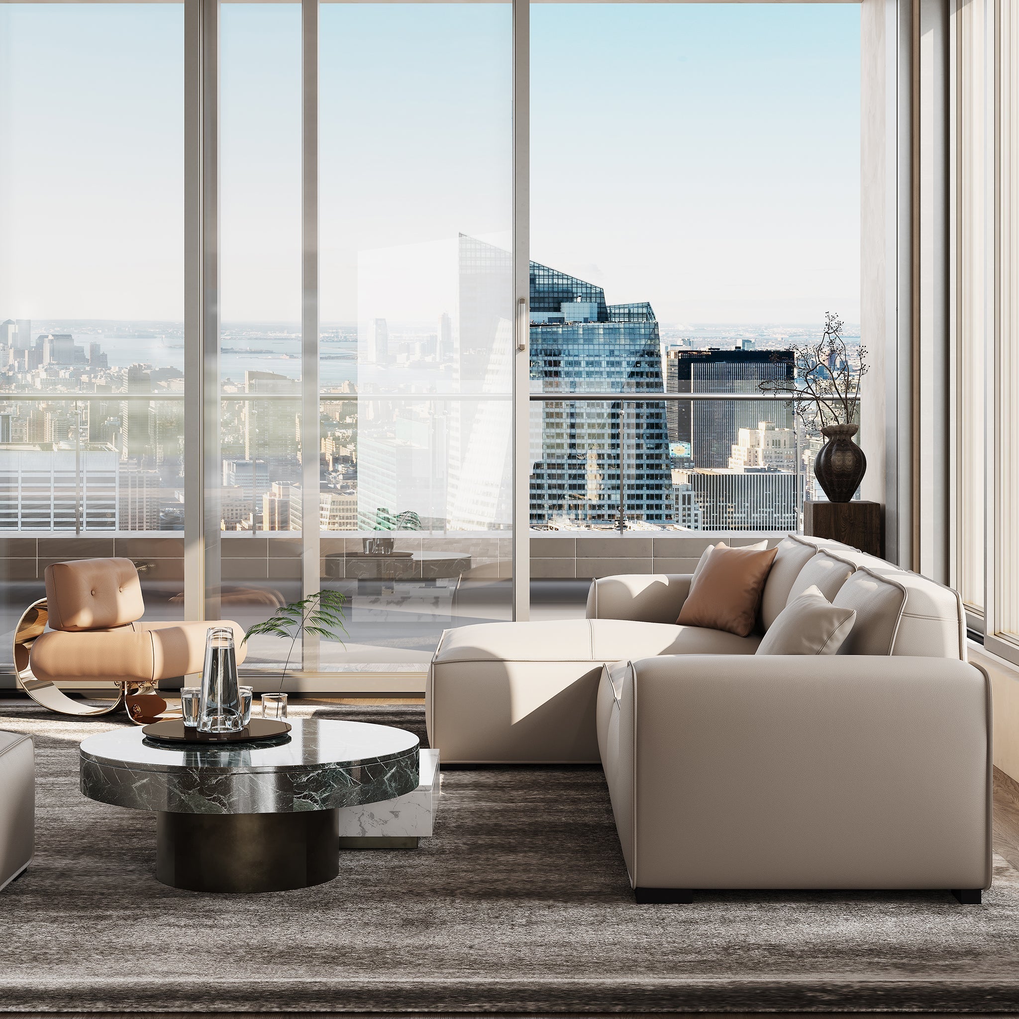 Canapé d'angle modulaire en cuir kaki Domus