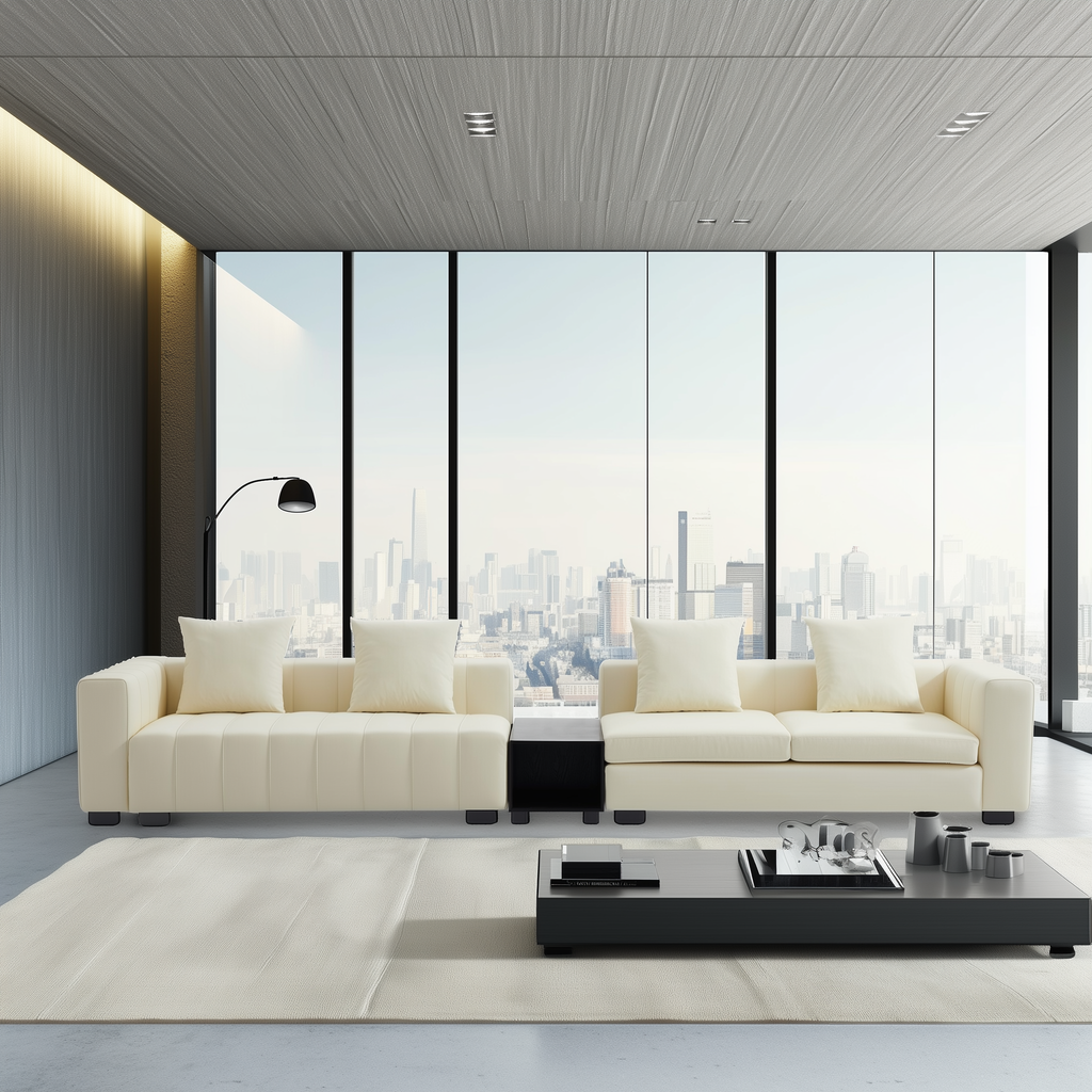 Canapé en cuir beige piano avec table basse