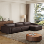 Canapé et pouf de luxe minimalistes en cuir marron foncé