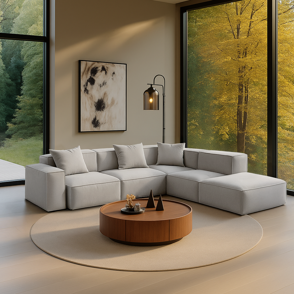 Canapé modulable en L et pouf gris Freedom