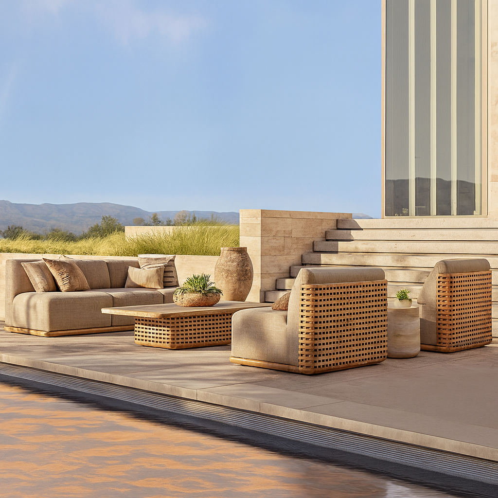 Ensemble canapé et salon d'extérieur design en teck Solana