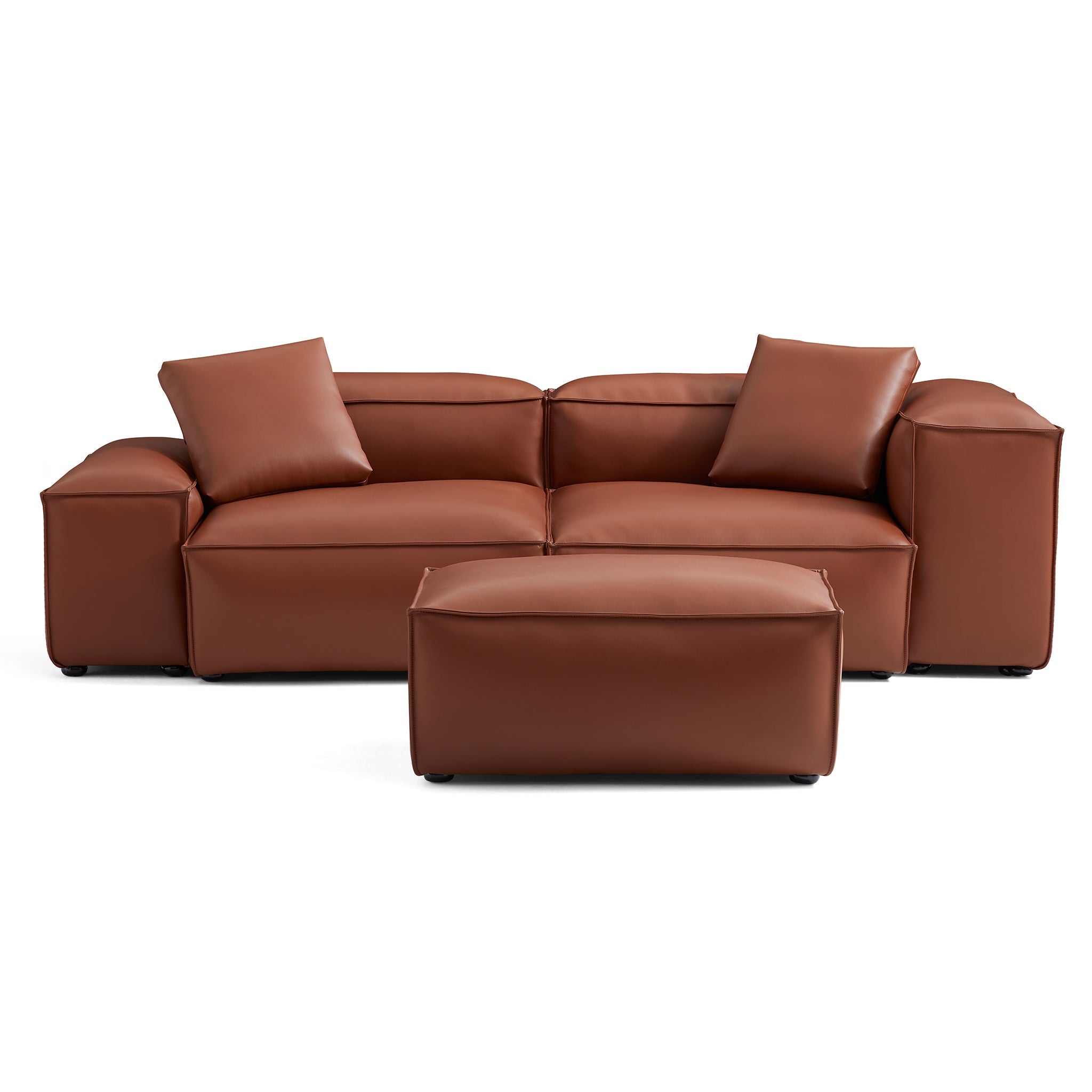 Canapé modulaire Cube en cuir véritable marron avec pouf