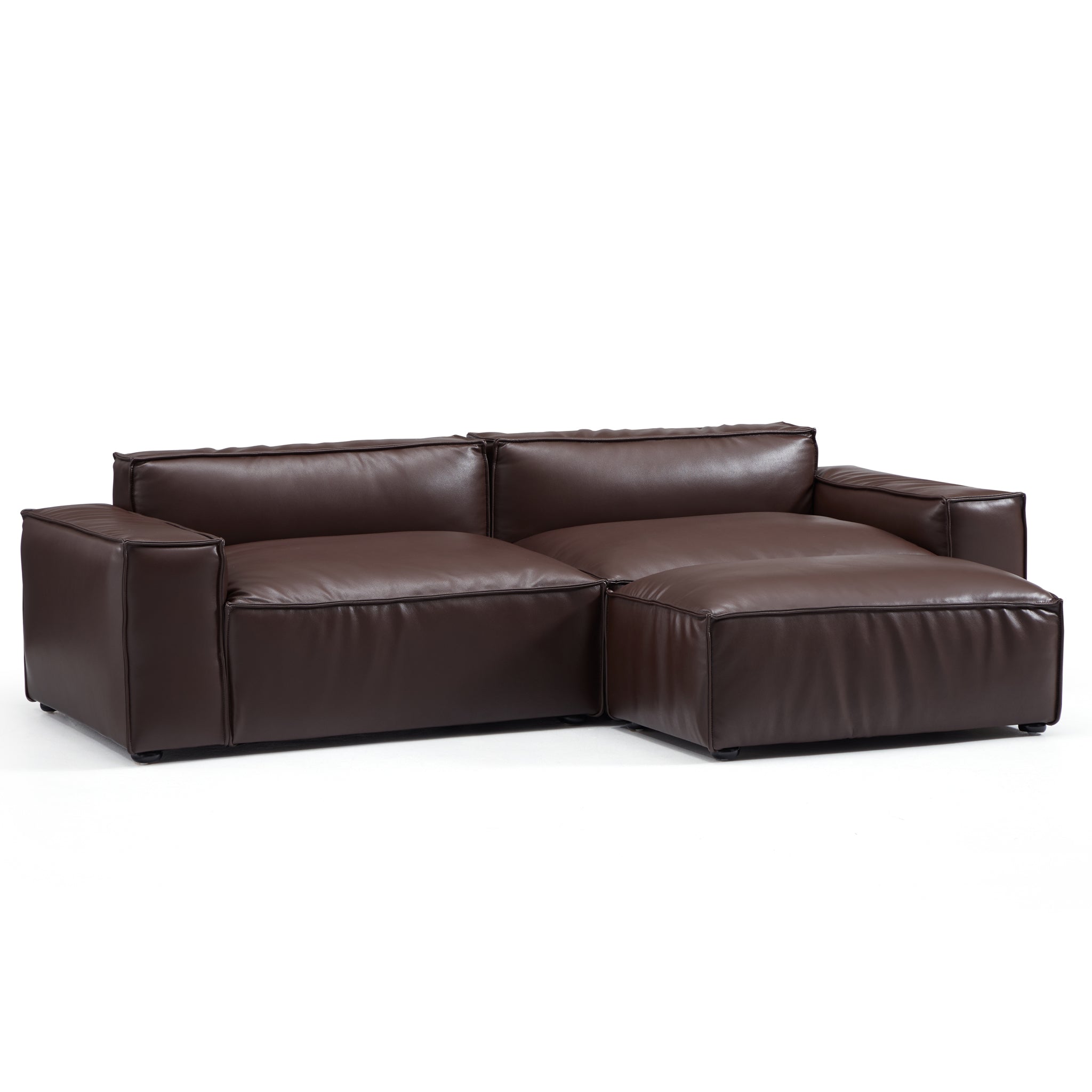 Canapé et pouf de luxe minimalistes en cuir marron foncé
