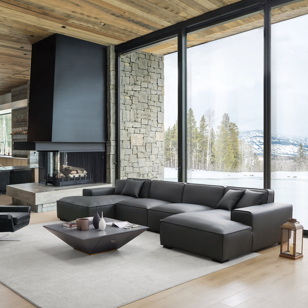 Canapé d'angle double modulaire en cuir noir Domus