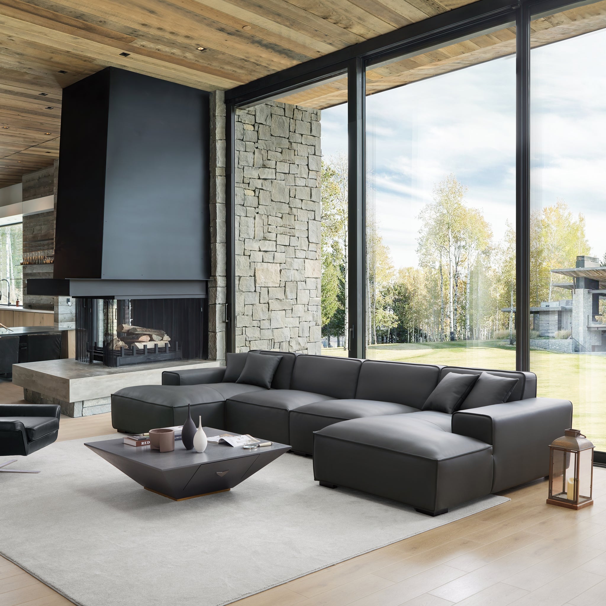 Canapé d'angle modulaire en cuir kaki Domus