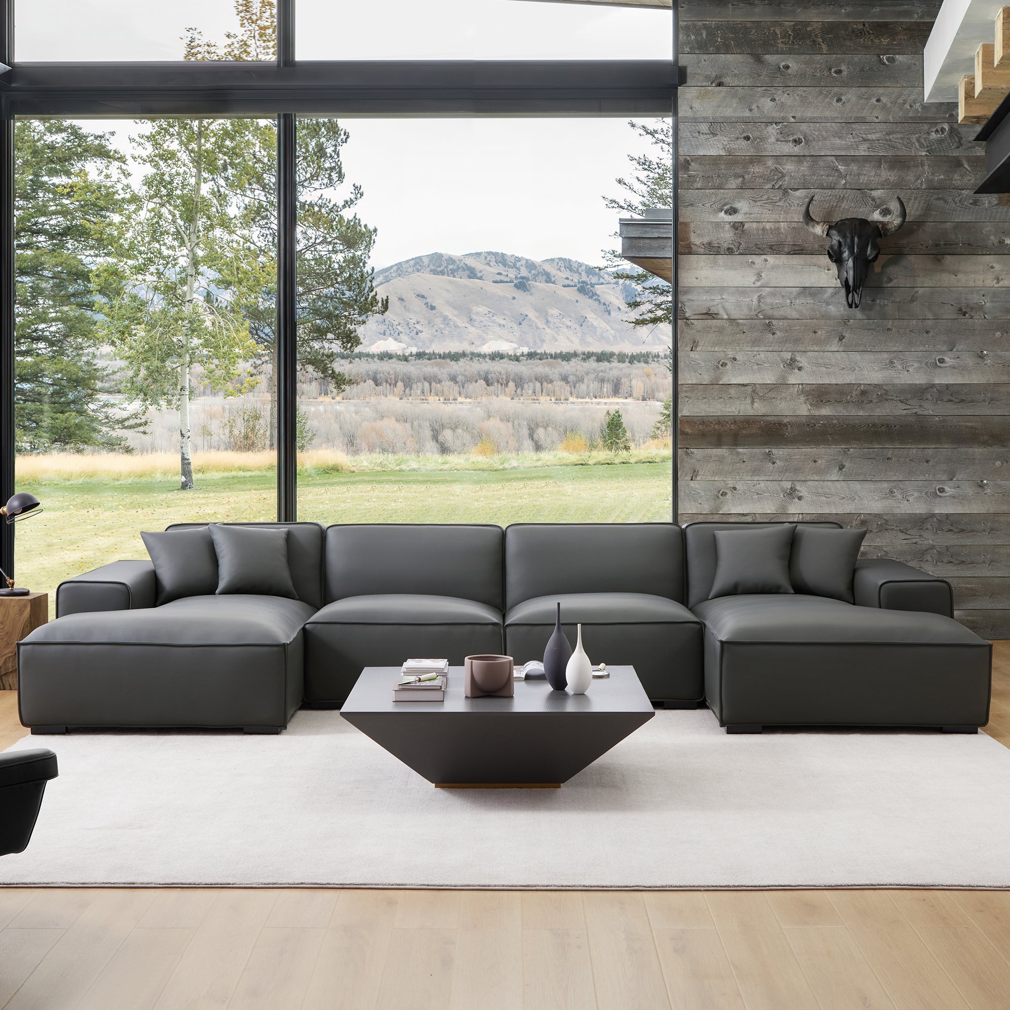 Canapé d'angle double modulaire en cuir marron Domus