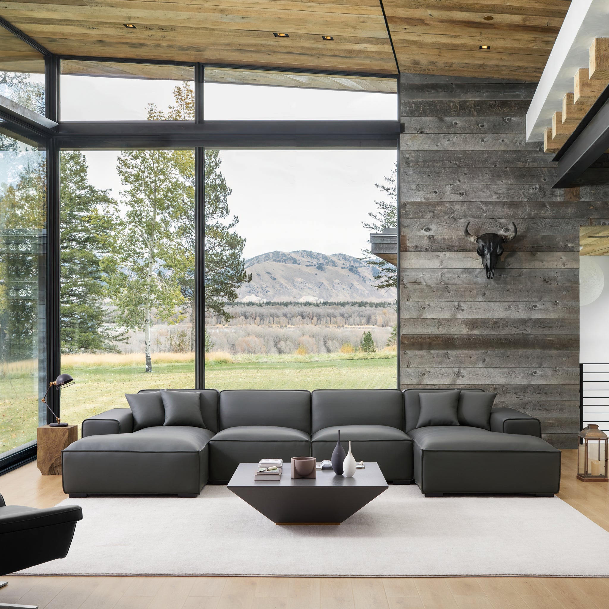 Canapé d'angle modulaire en cuir kaki Domus