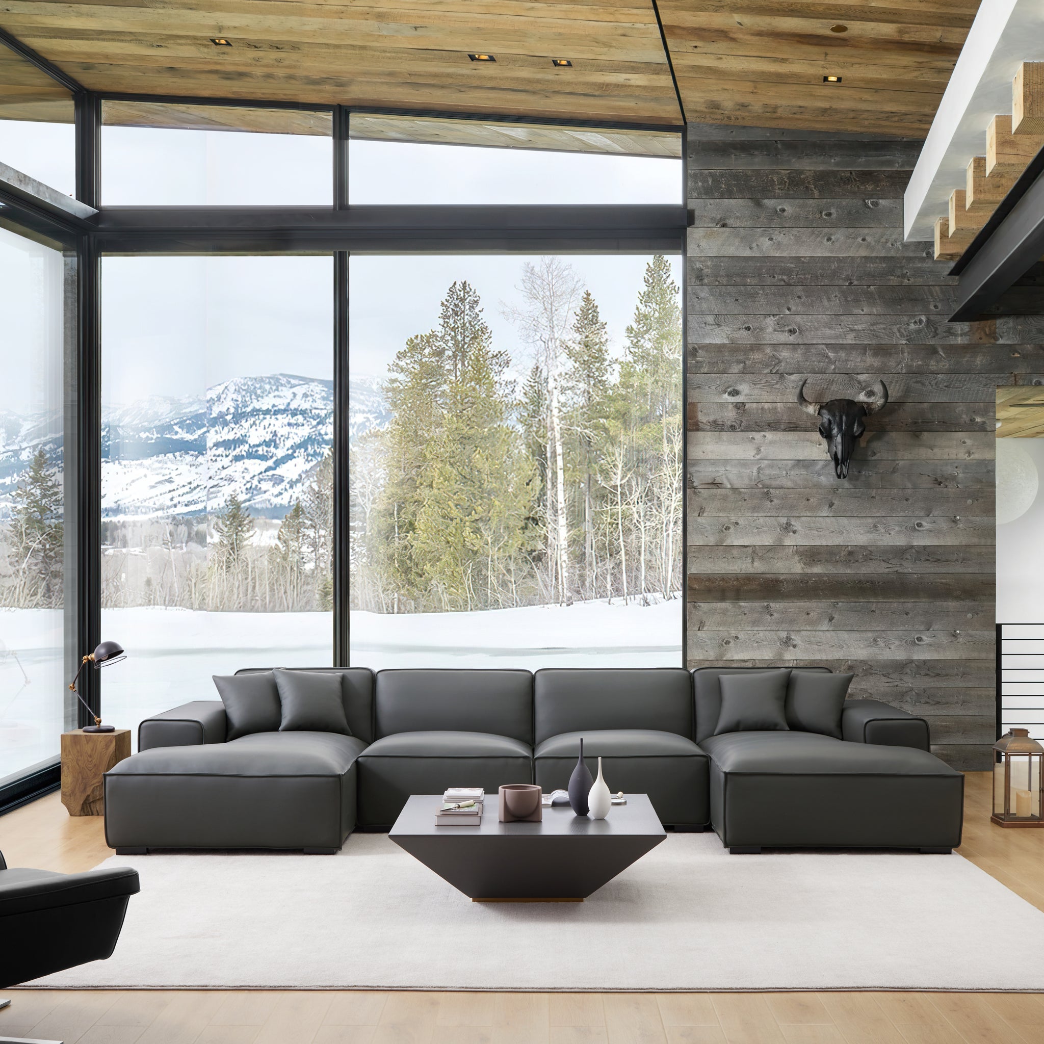 Canapé d'angle double modulaire en cuir beige Domus