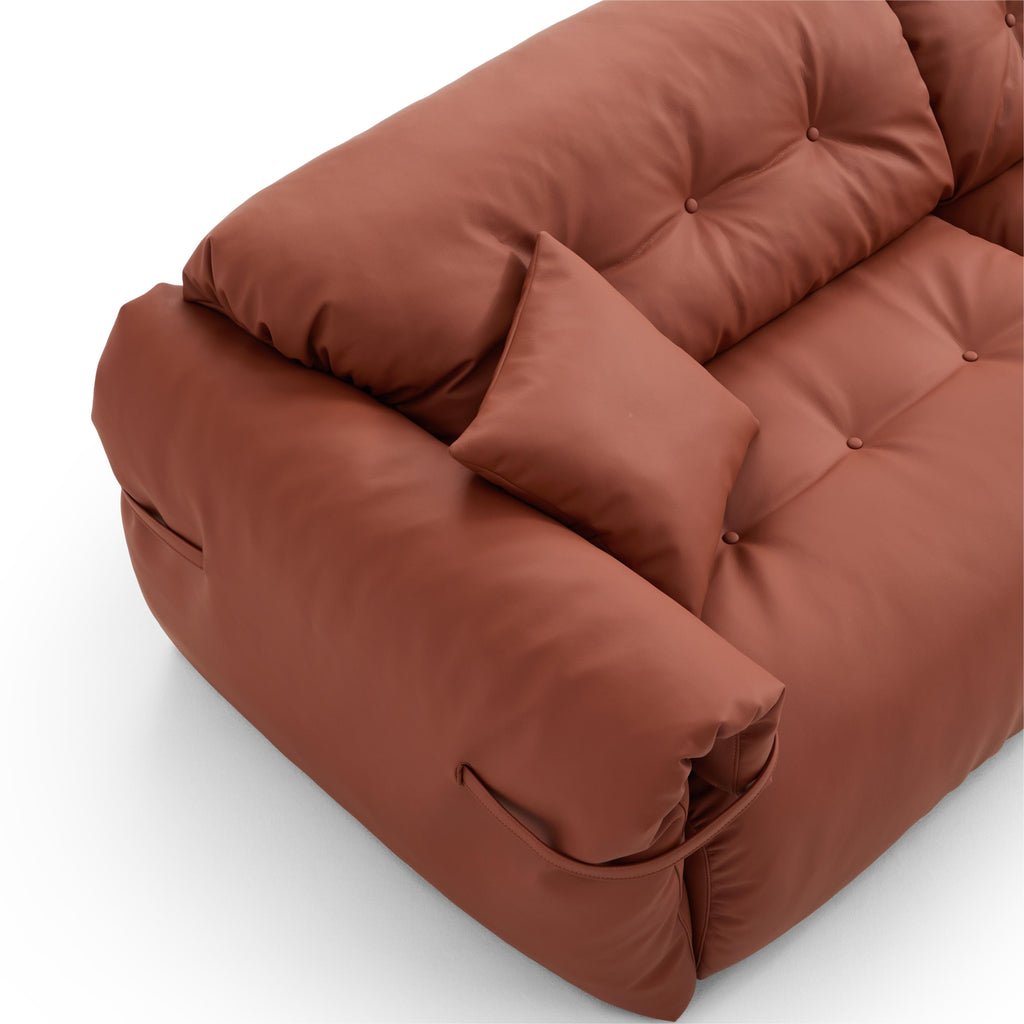 Canapé en cuir véritable brun rougeâtre capitonné beurre