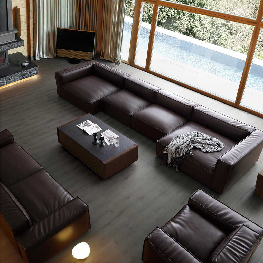 Canapé d'angle en U de luxe minimaliste en cuir marron foncé