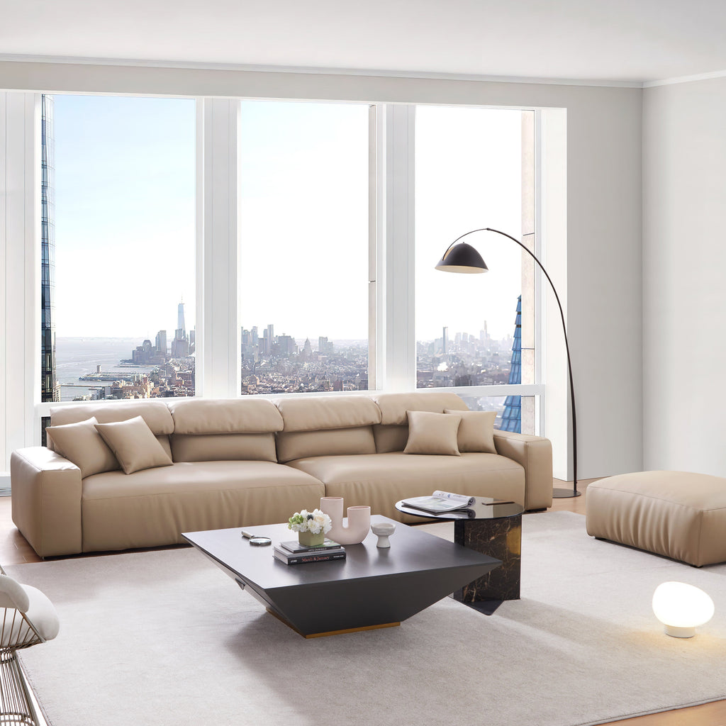 Canapé et pouf en cuir marron kaki