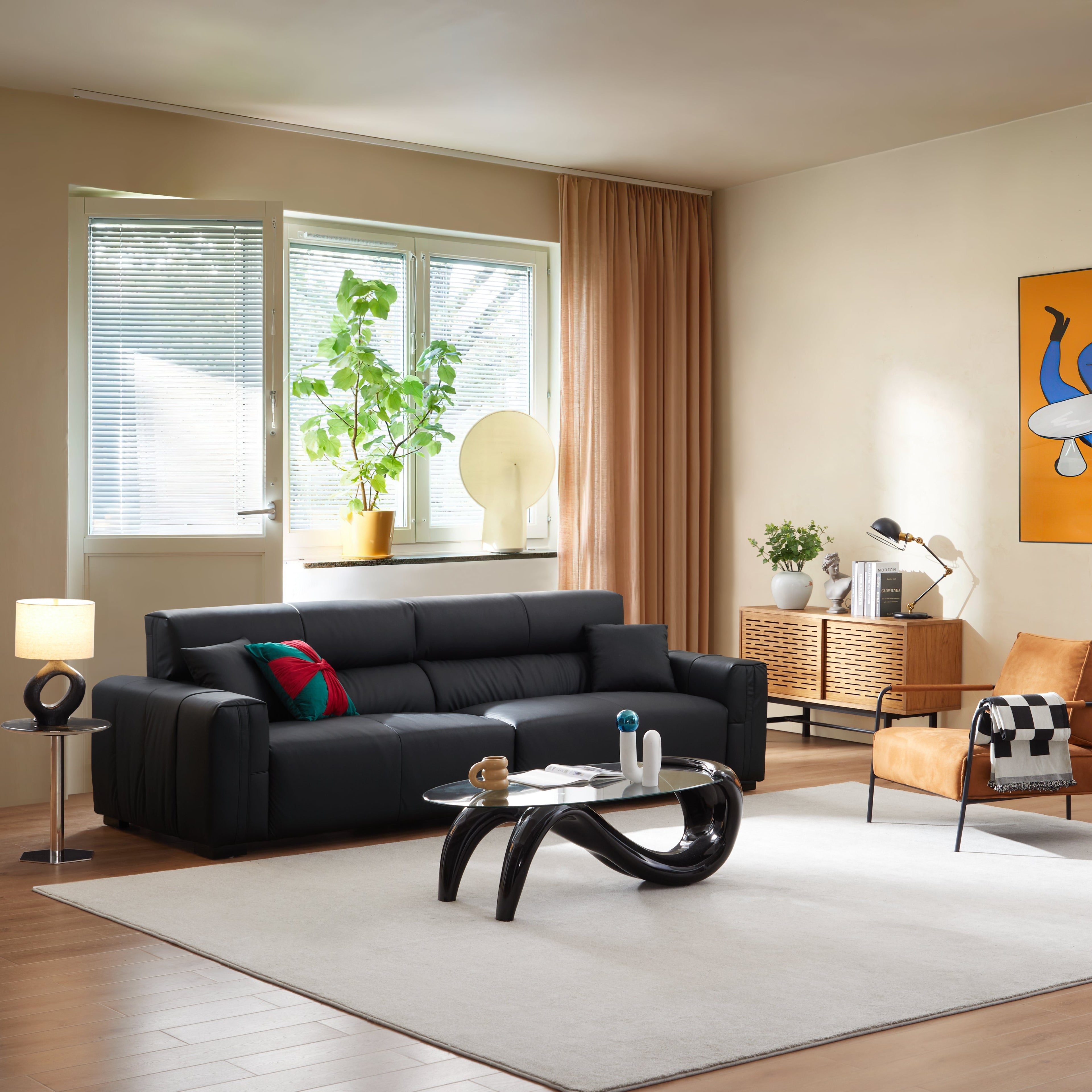 Canapé en cuir véritable noir Noir Luxe