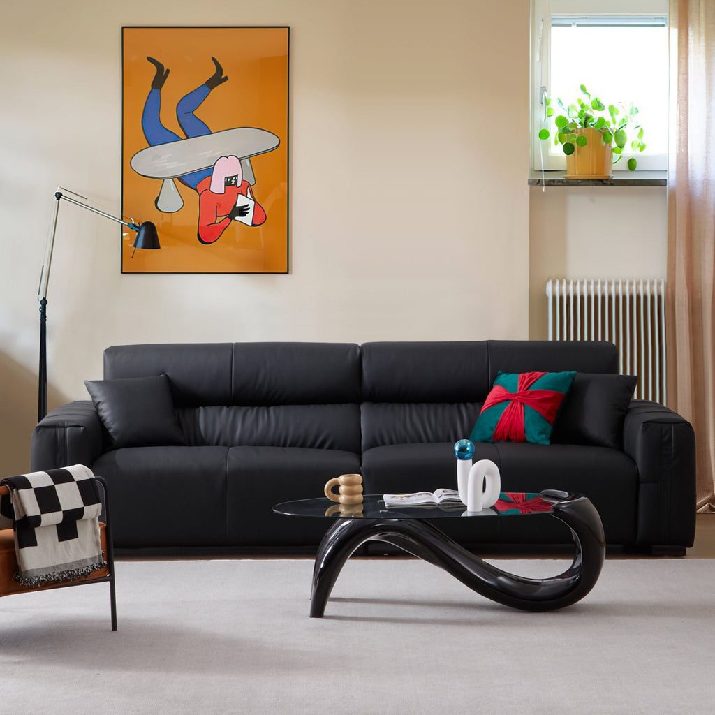 Canapé en cuir véritable noir Noir Luxe