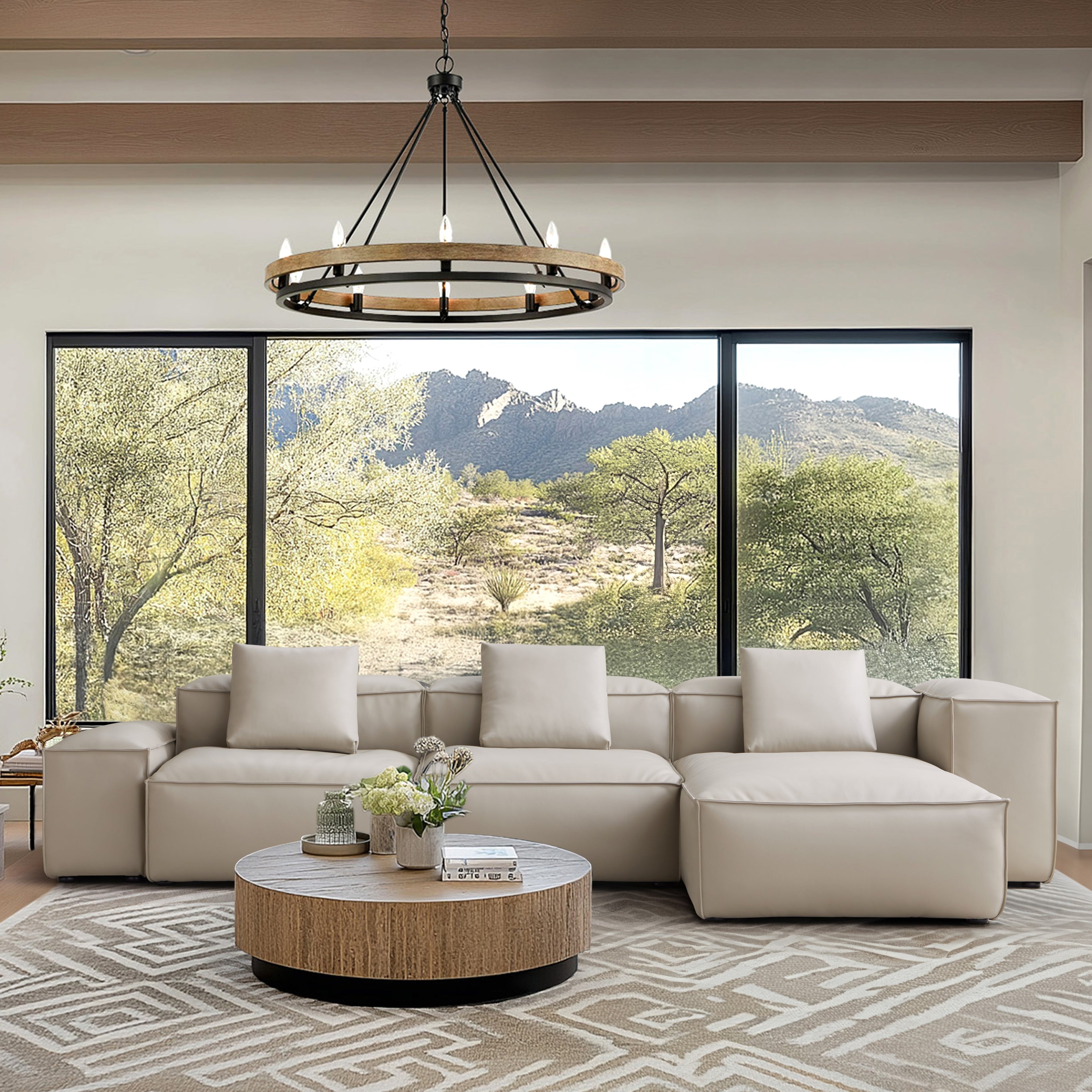 Canapé d'angle modulaire Cube en cuir véritable beige