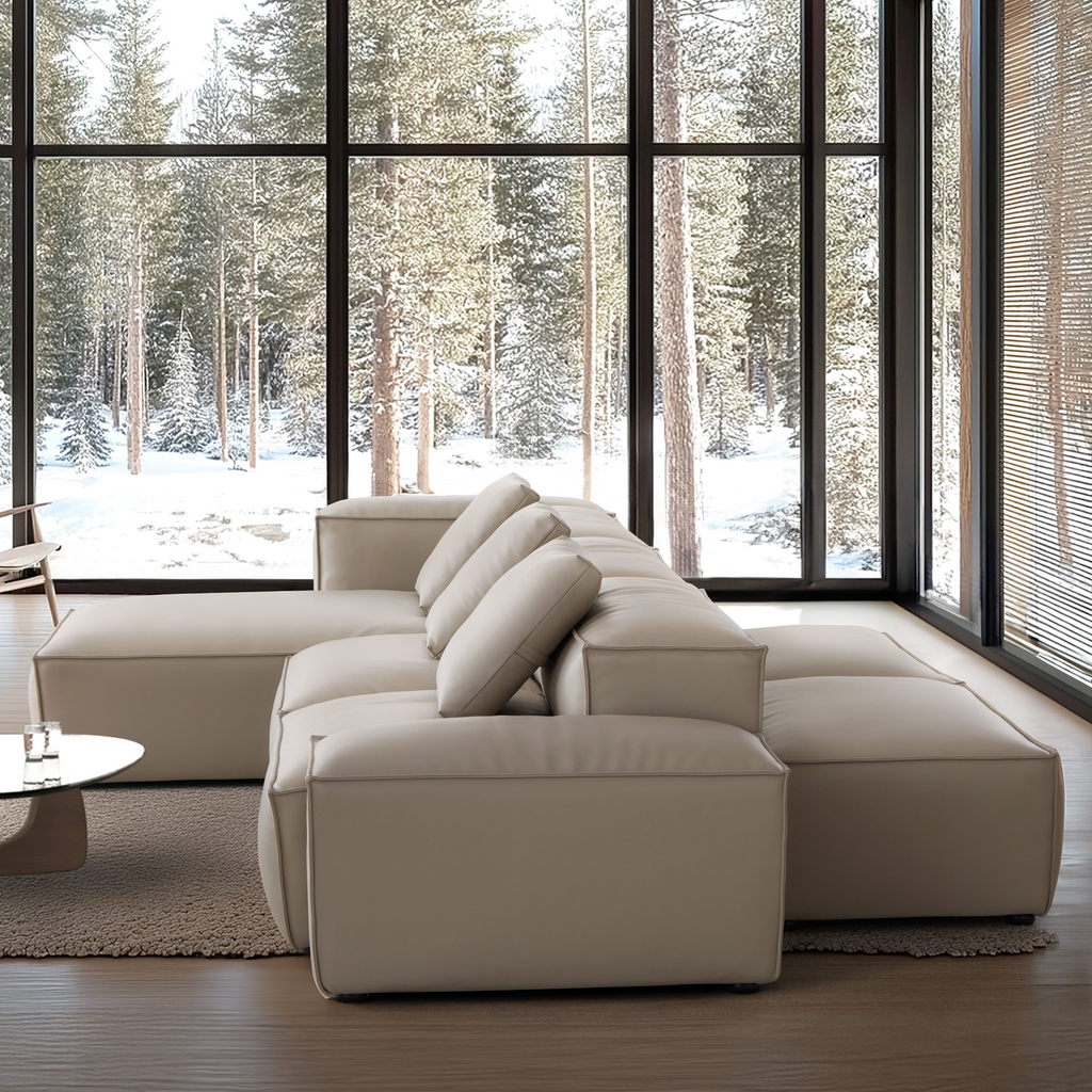 Canapé d'angle double face modulaire Cube en cuir véritable beige