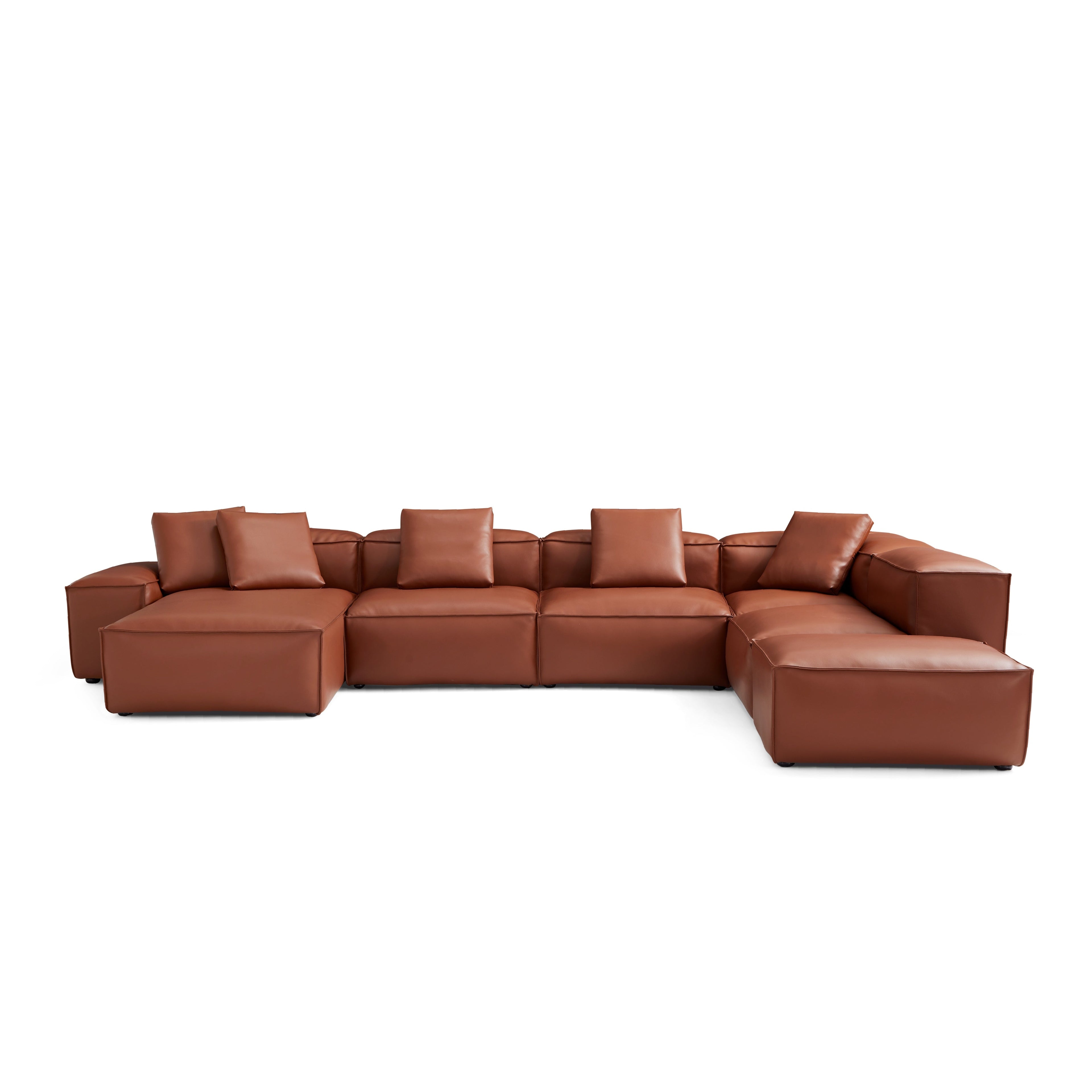 Canapé d'angle modulaire en U en cuir véritable marron avec pouf Cube