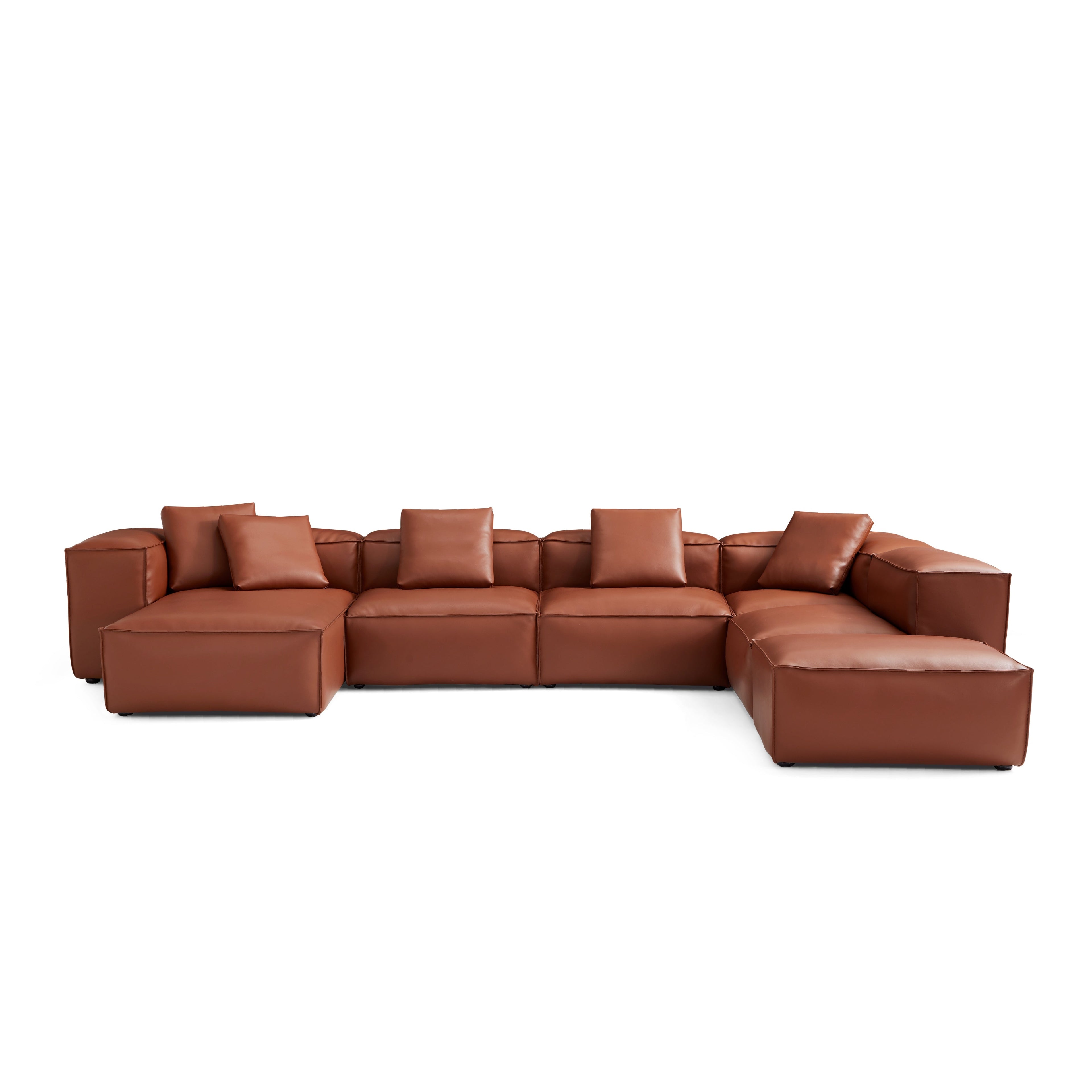 Canapé d'angle modulaire en U en cuir véritable marron avec pouf Cube