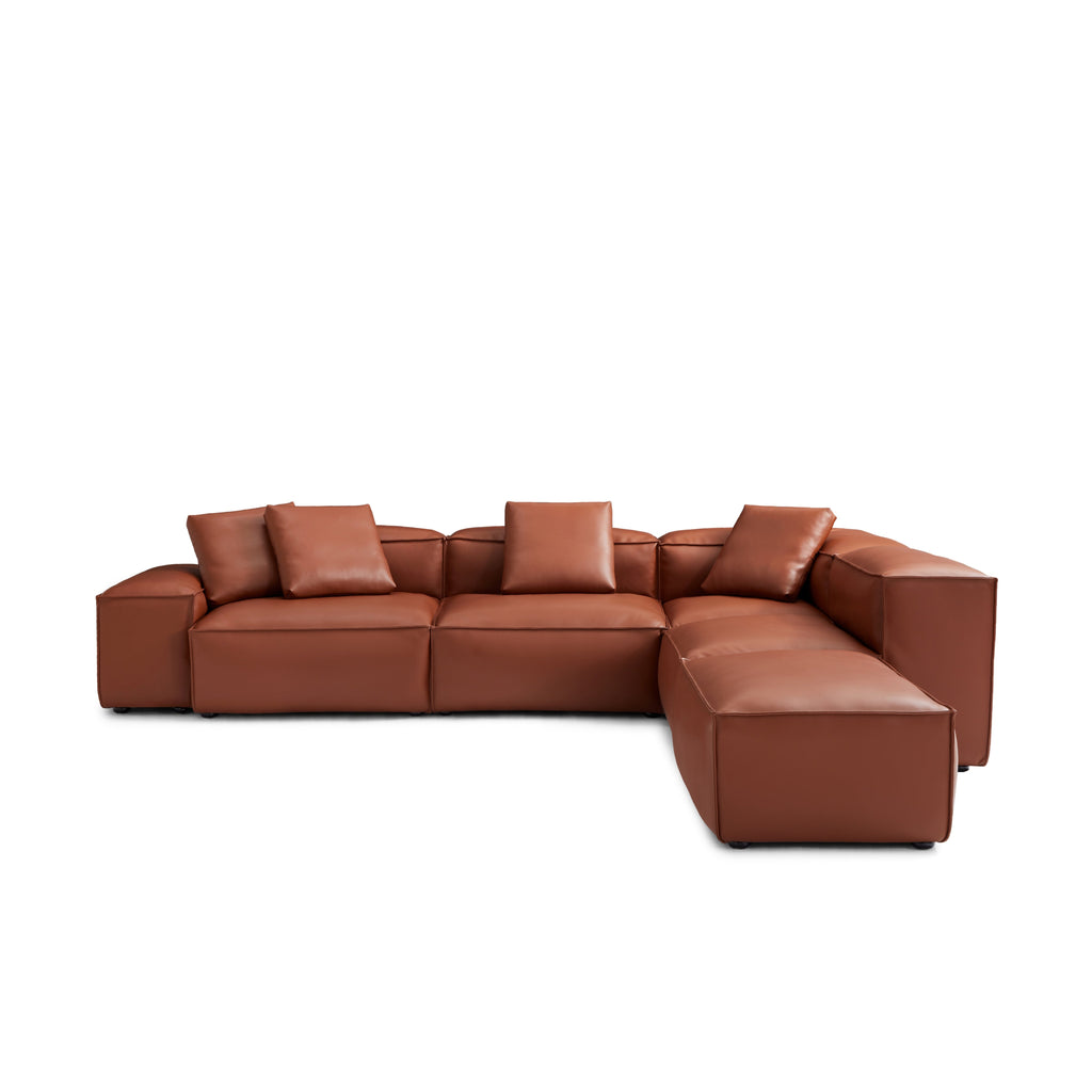 Canapé d'angle modulaire Cube en cuir véritable marron avec pouf