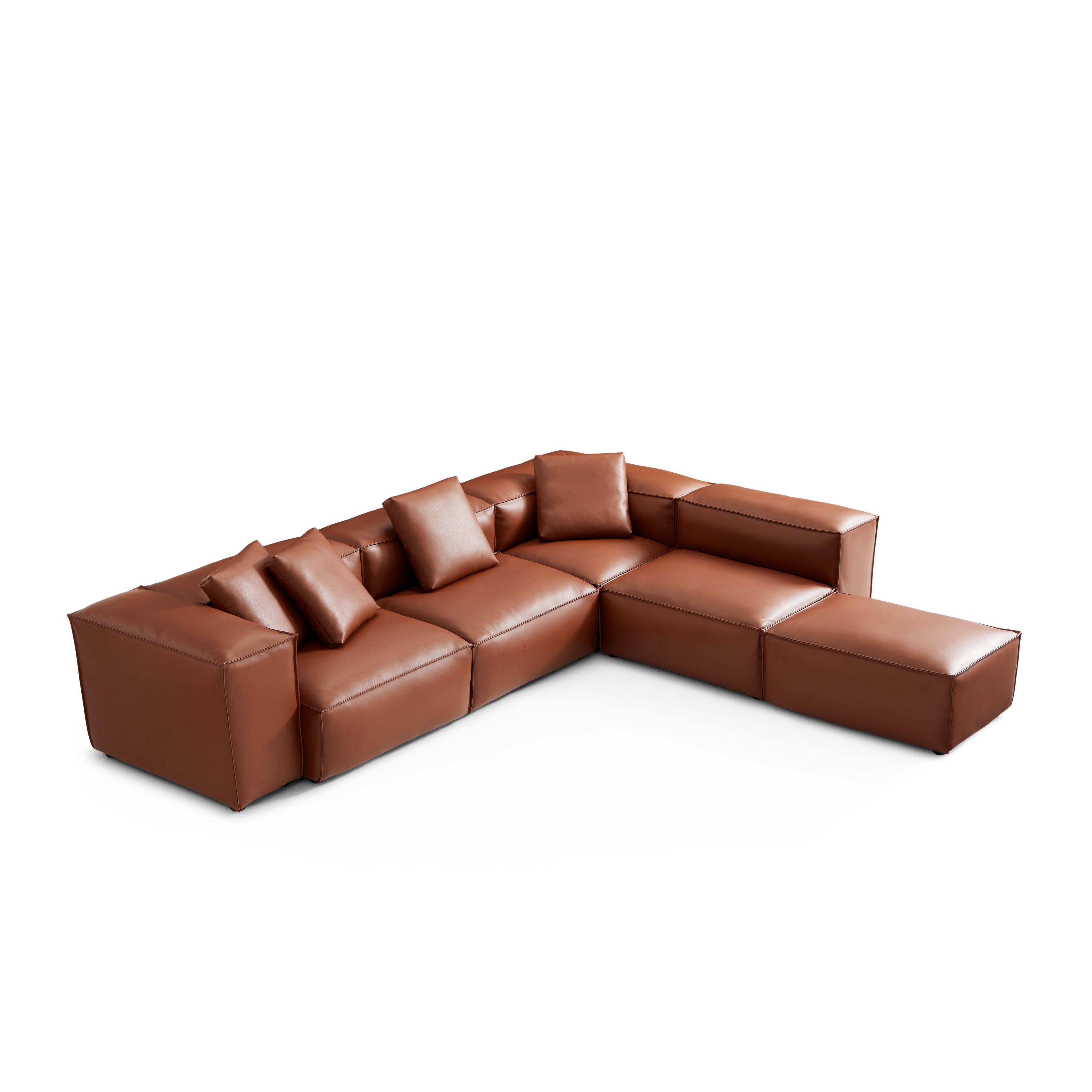 Canapé d'angle modulaire Cube en cuir véritable marron avec pouf