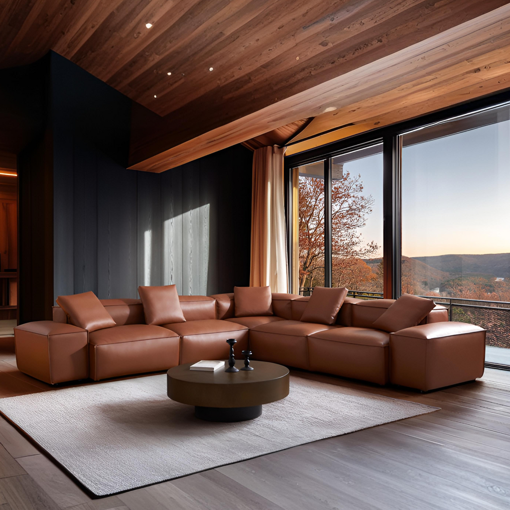 Canapé d'angle modulaire Cube en cuir véritable noir