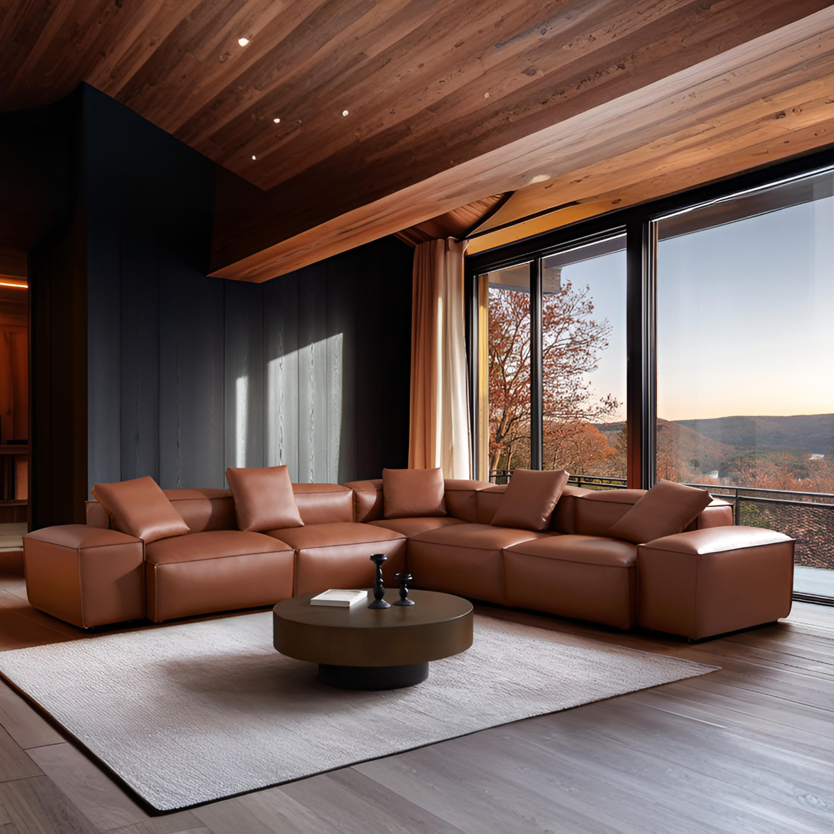 Canapé d'angle modulaire Cube en cuir véritable marron