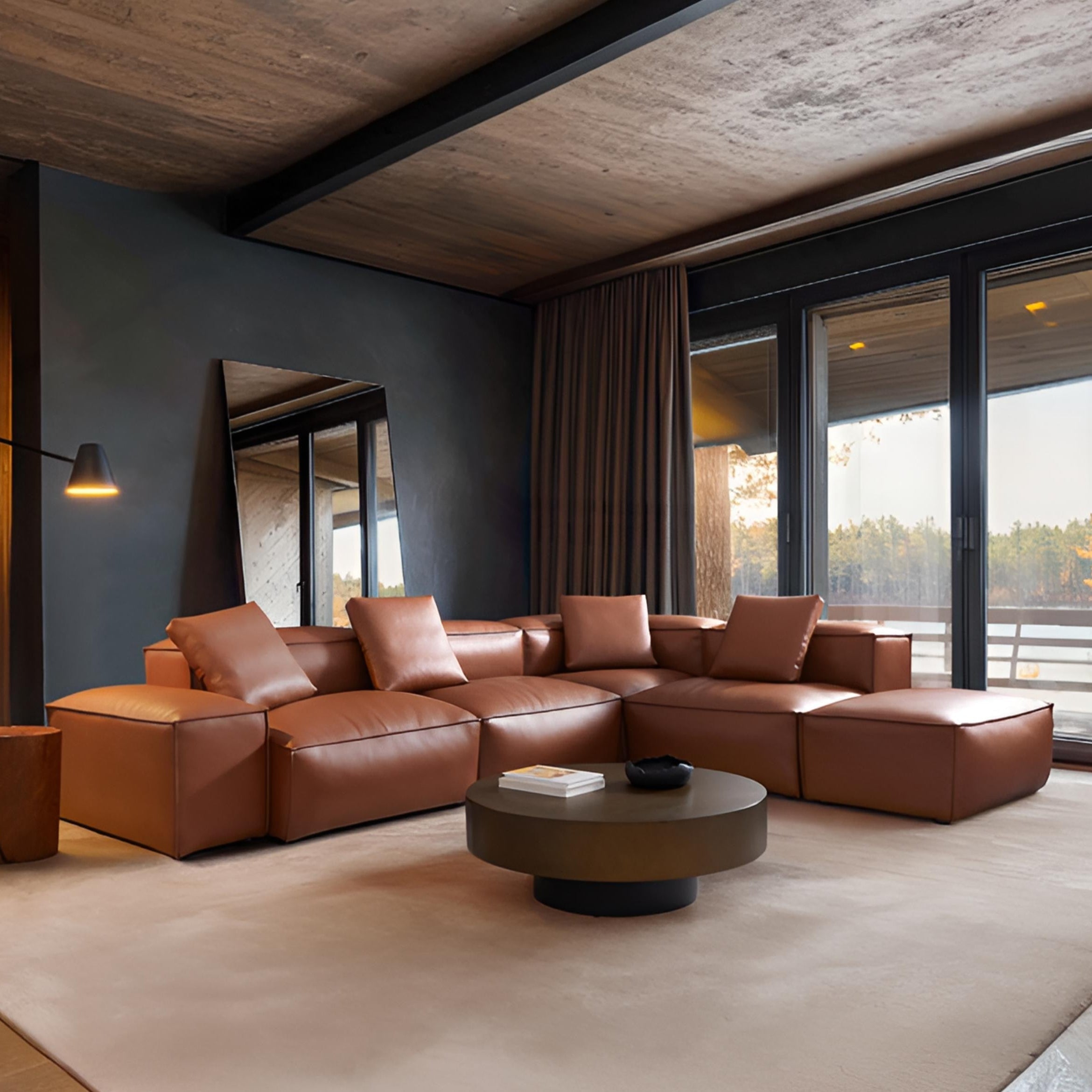 Canapé d'angle modulaire Cube en cuir véritable marron avec pouf