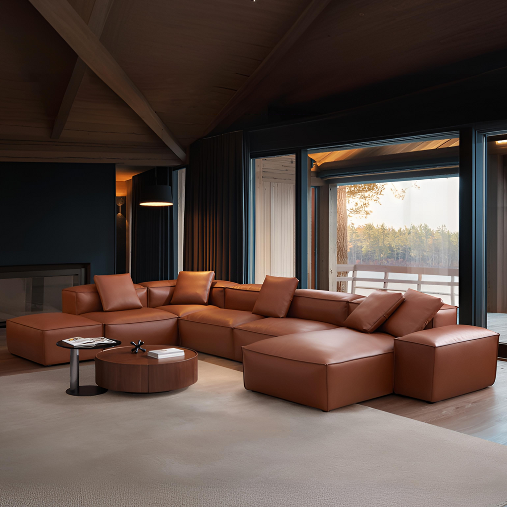 Canapé d'angle modulaire en U en cuir véritable marron avec pouf Cube