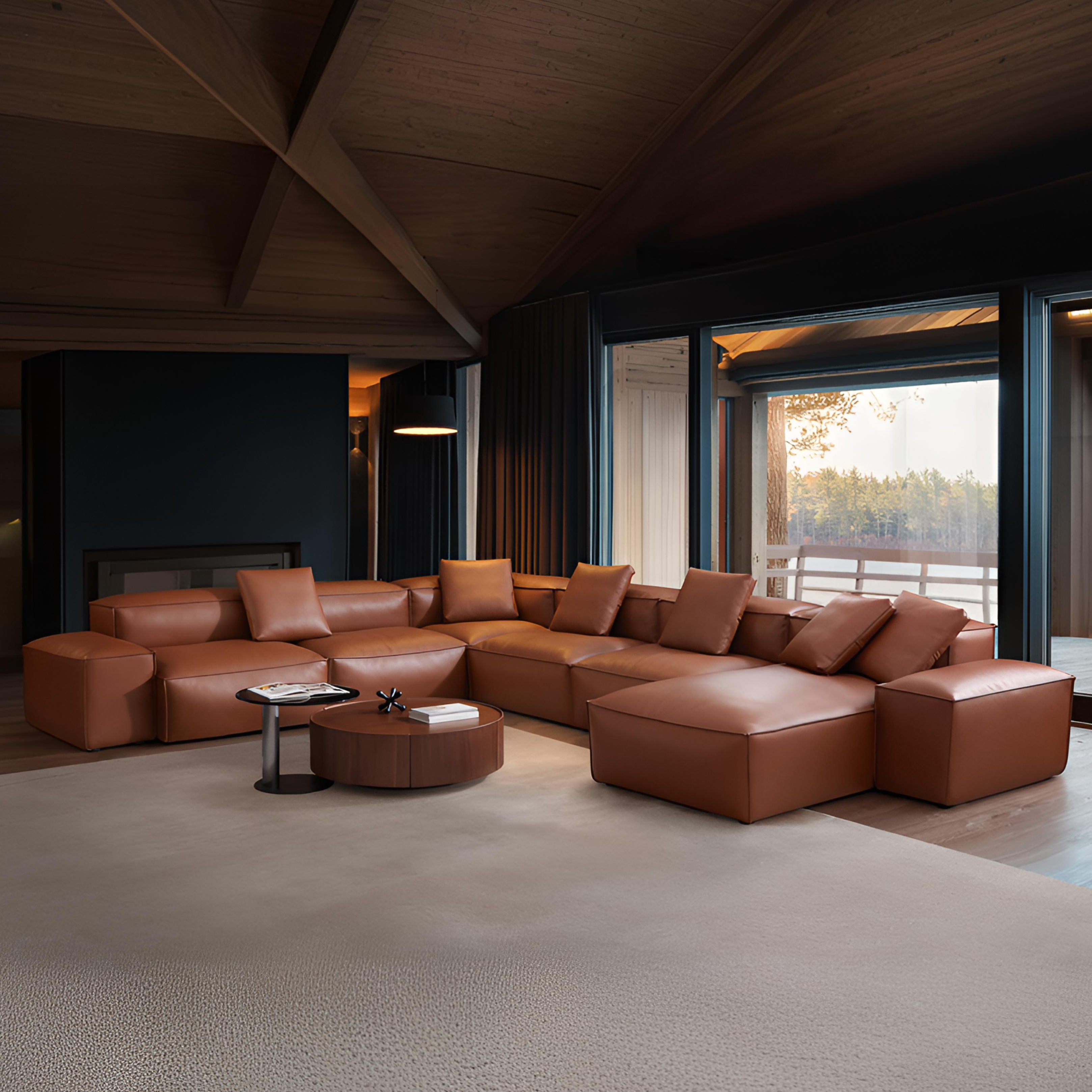 Canapé d'angle modulaire en U en cuir véritable marron Cube