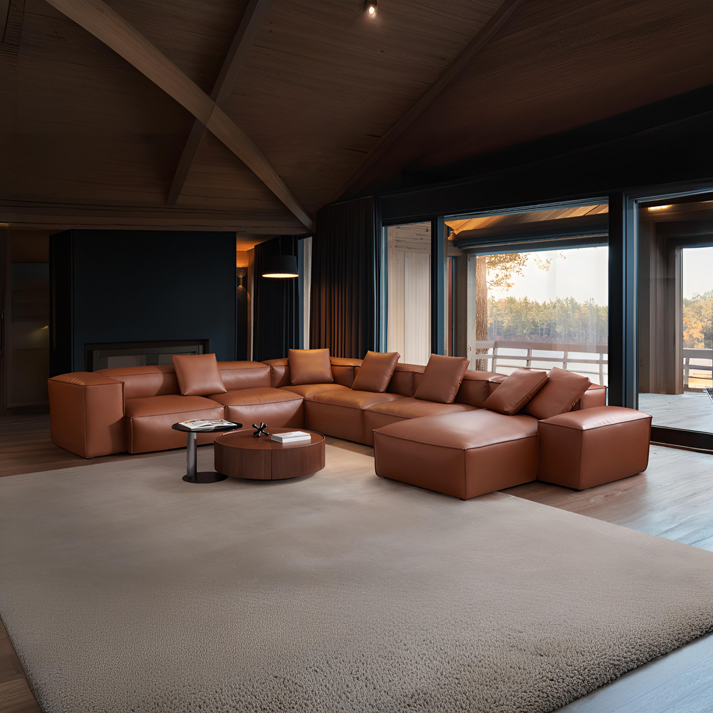 Canapé d'angle modulaire en U en cuir véritable marron Cube