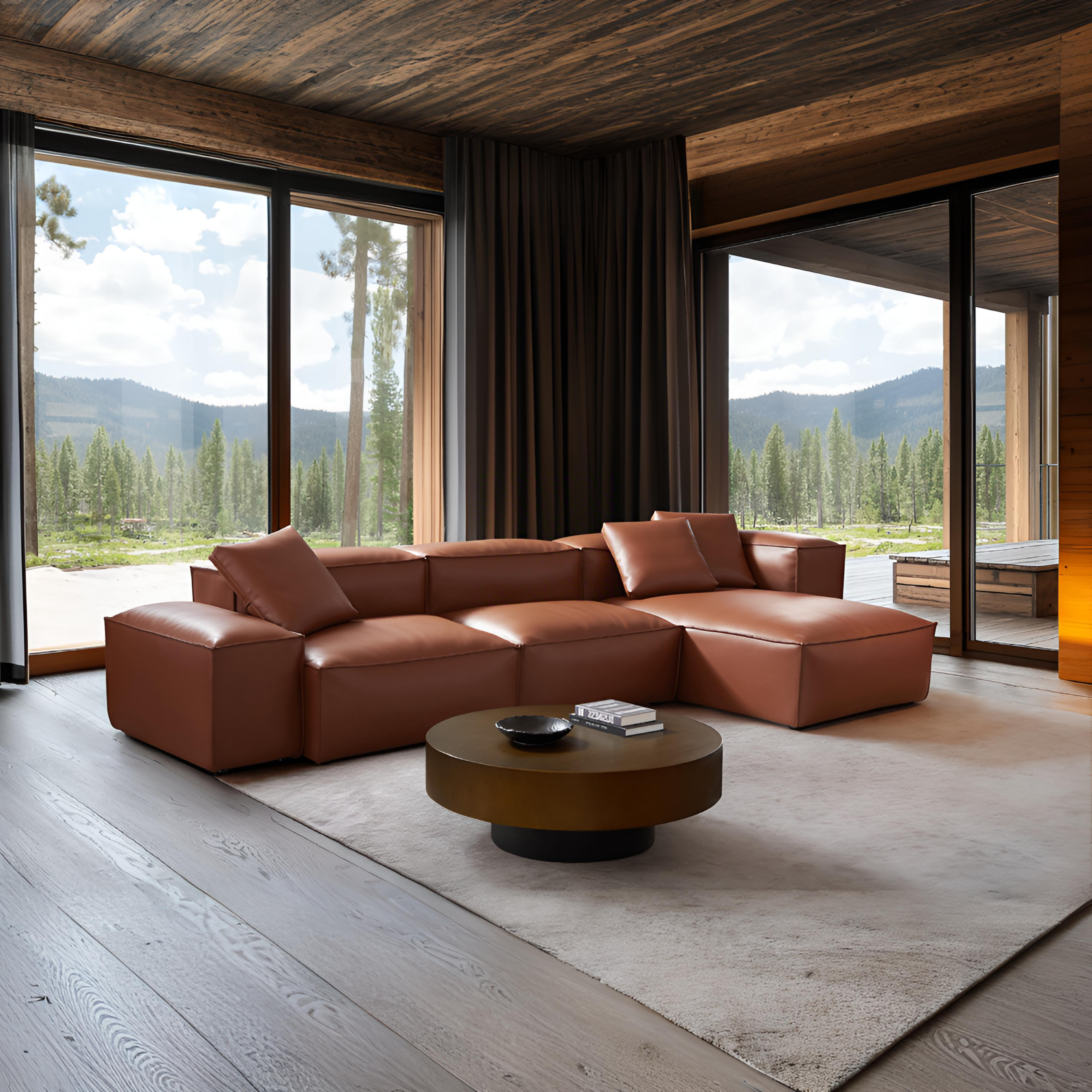 Canapé d'angle modulaire Cube en cuir véritable marron