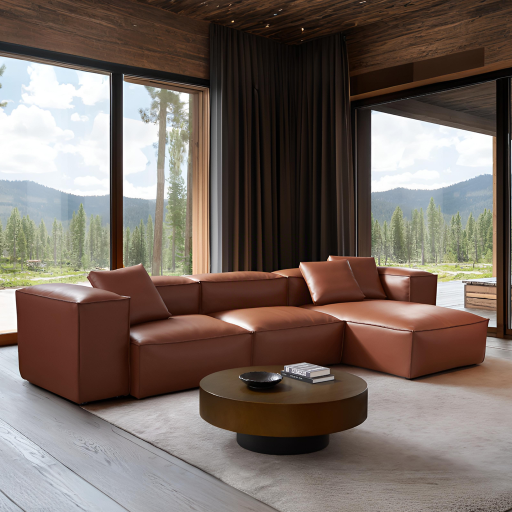 Canapé d'angle modulaire Cube en cuir véritable marron