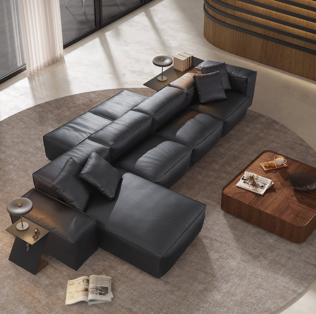 Canapé d'angle double face modulaire Cube en cuir véritable noir