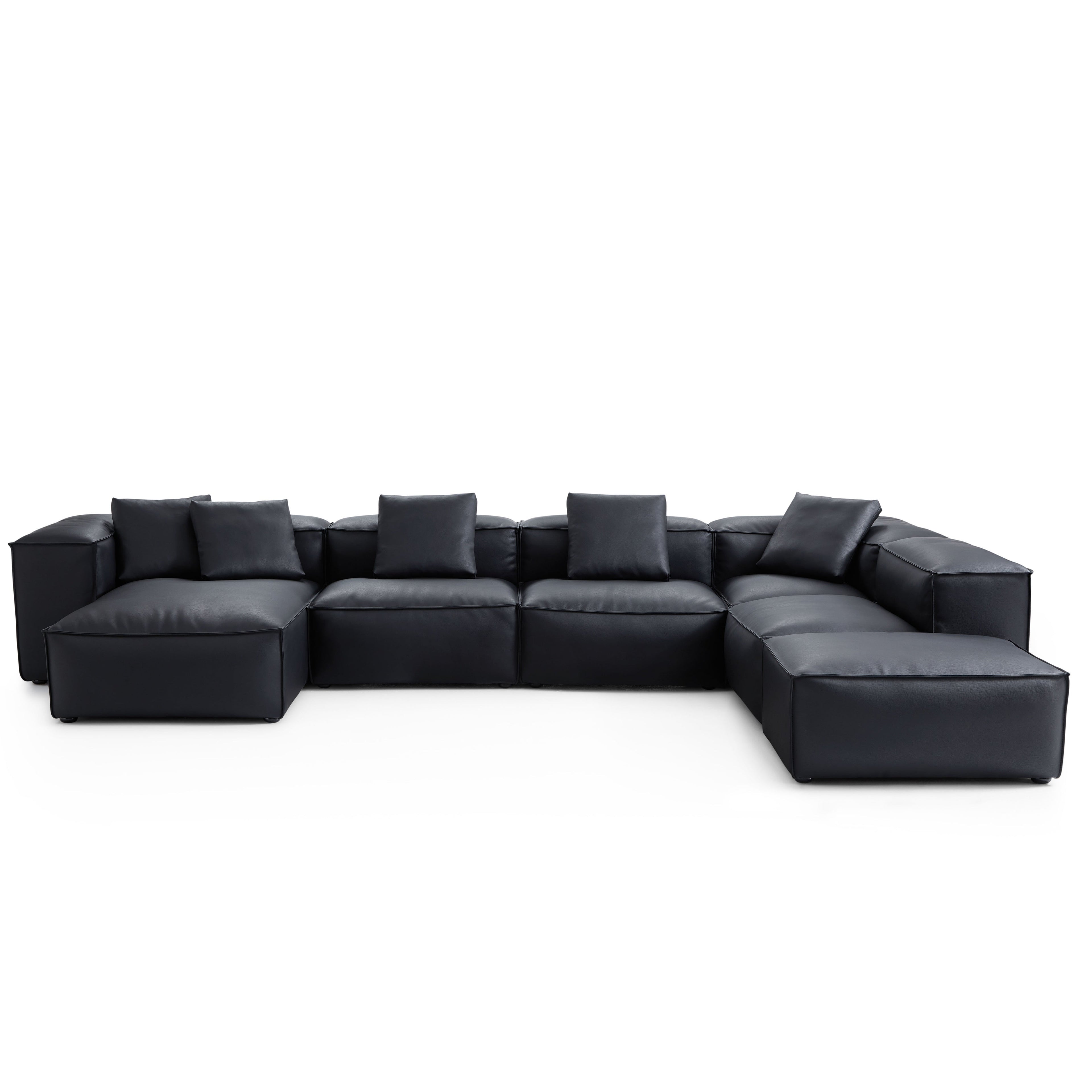 Canapé d'angle modulaire en U en cuir véritable marron avec pouf Cube