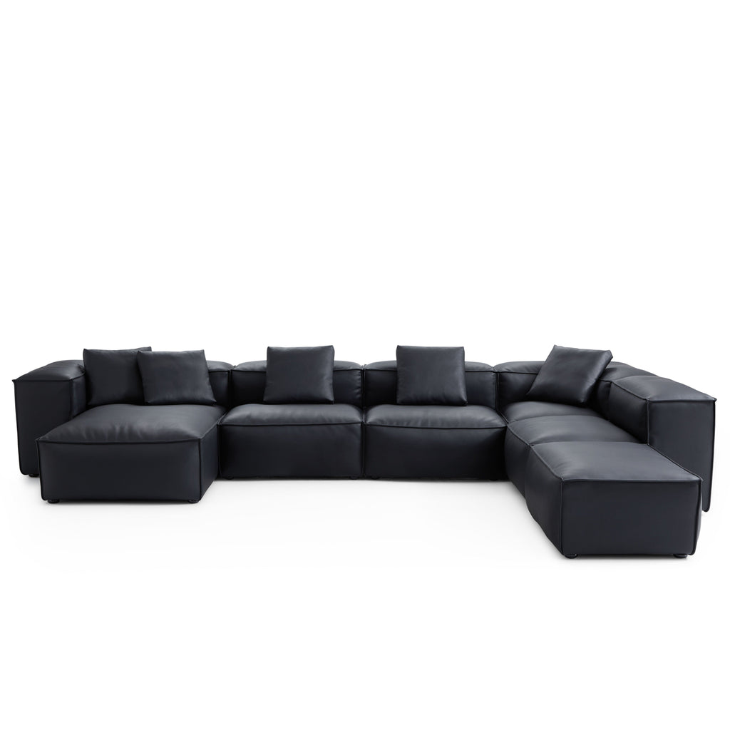 Canapé d'angle modulaire Cube en cuir véritable noir en forme de U avec pouf